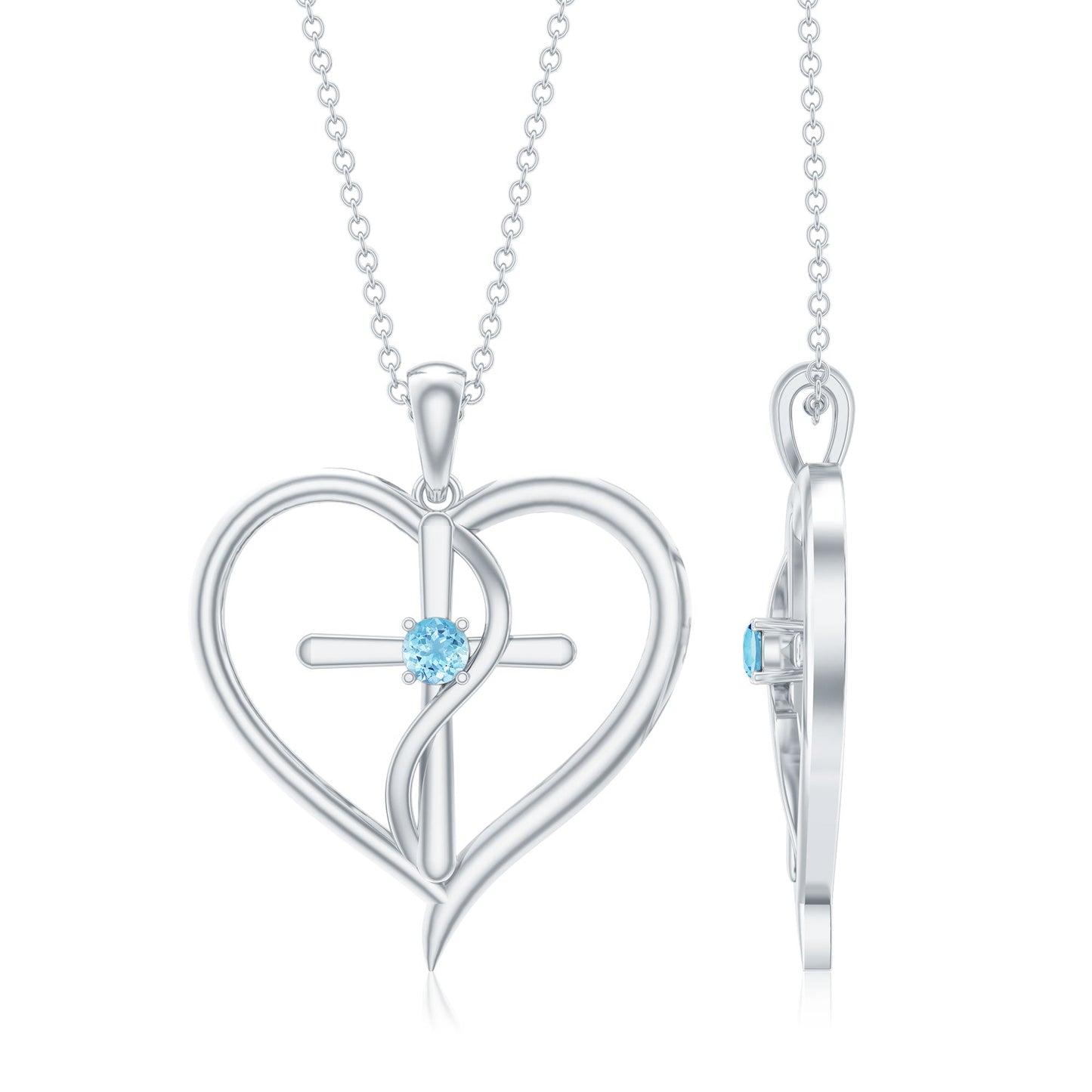 Natural Aquamarine Heart Cross Pendant Necklace
