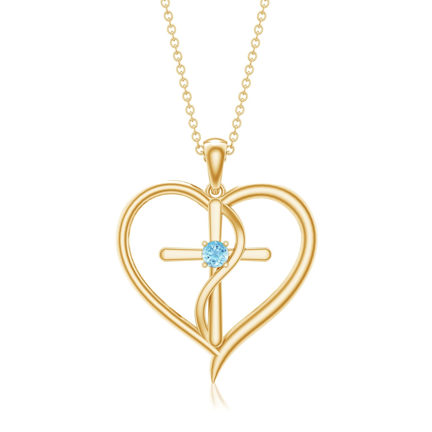Natural Aquamarine Heart Cross Pendant Necklace