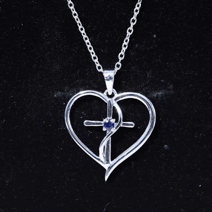 Natural Blue Sapphire Heart Cross Necklace in 14k Gold Plated Silver