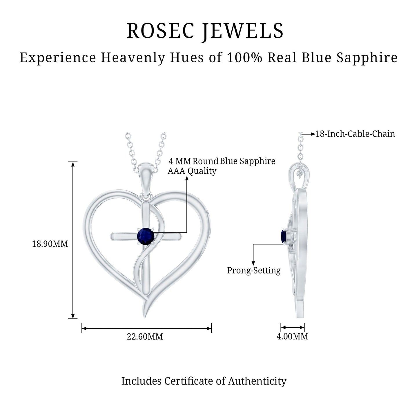 Natural Blue Sapphire Heart Cross Necklace in 14k Gold Plated Silver