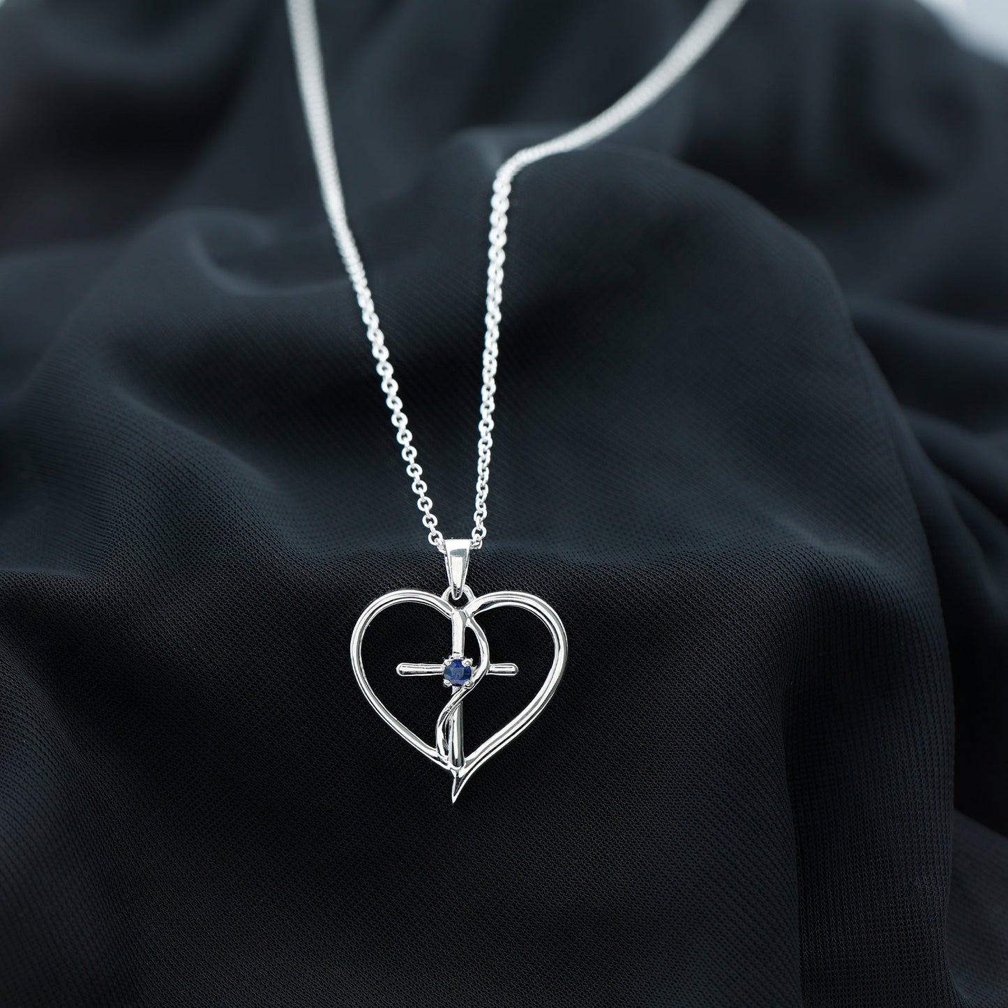 Natural Blue Sapphire Heart Cross Necklace in 14k Gold Plated Silver