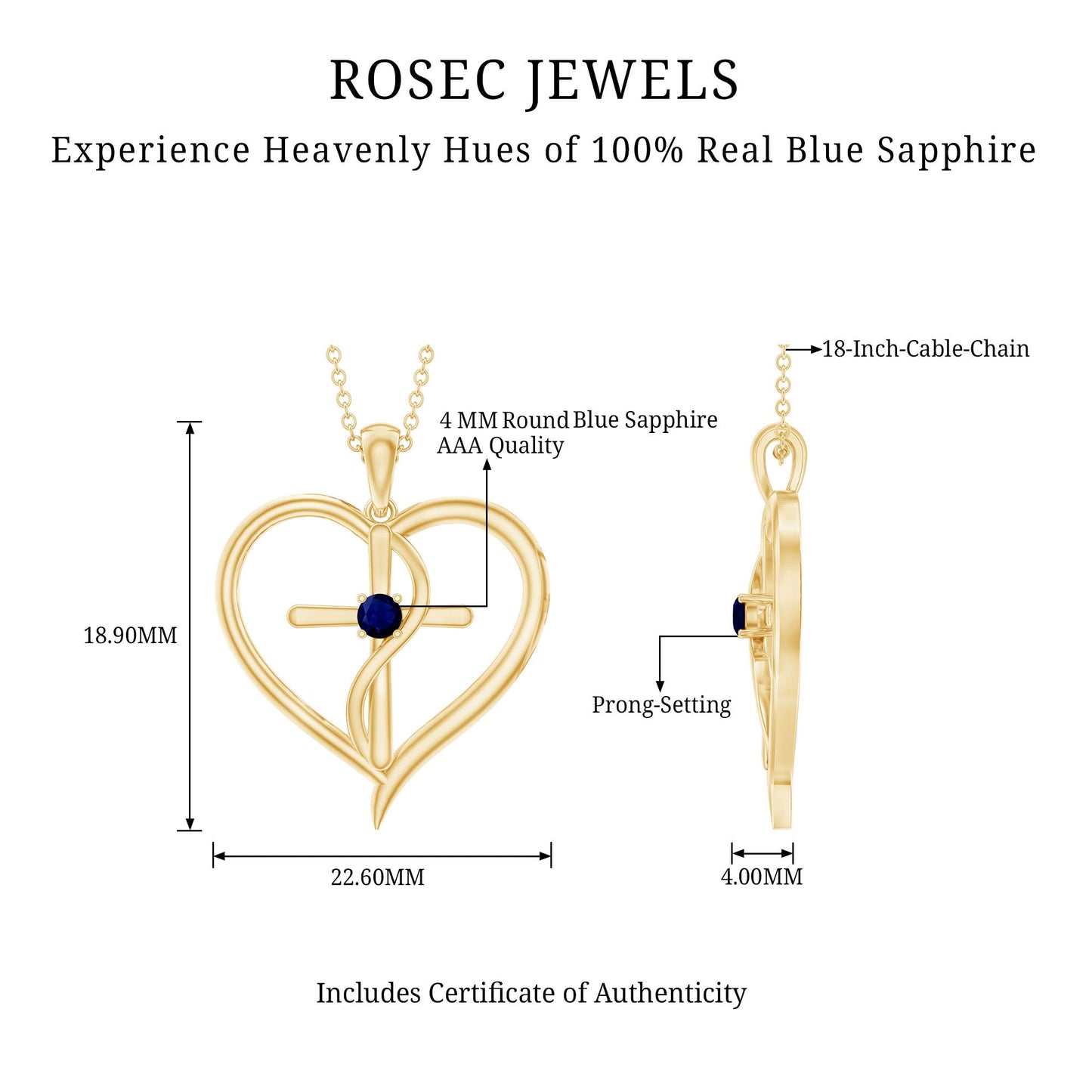Natural Blue Sapphire Cross Heart Necklace for Women