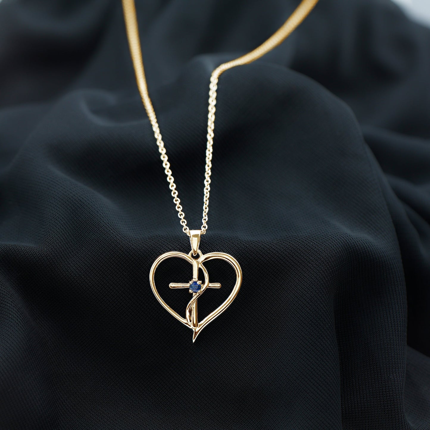 Natural Blue Sapphire Cross Heart Necklace for Women