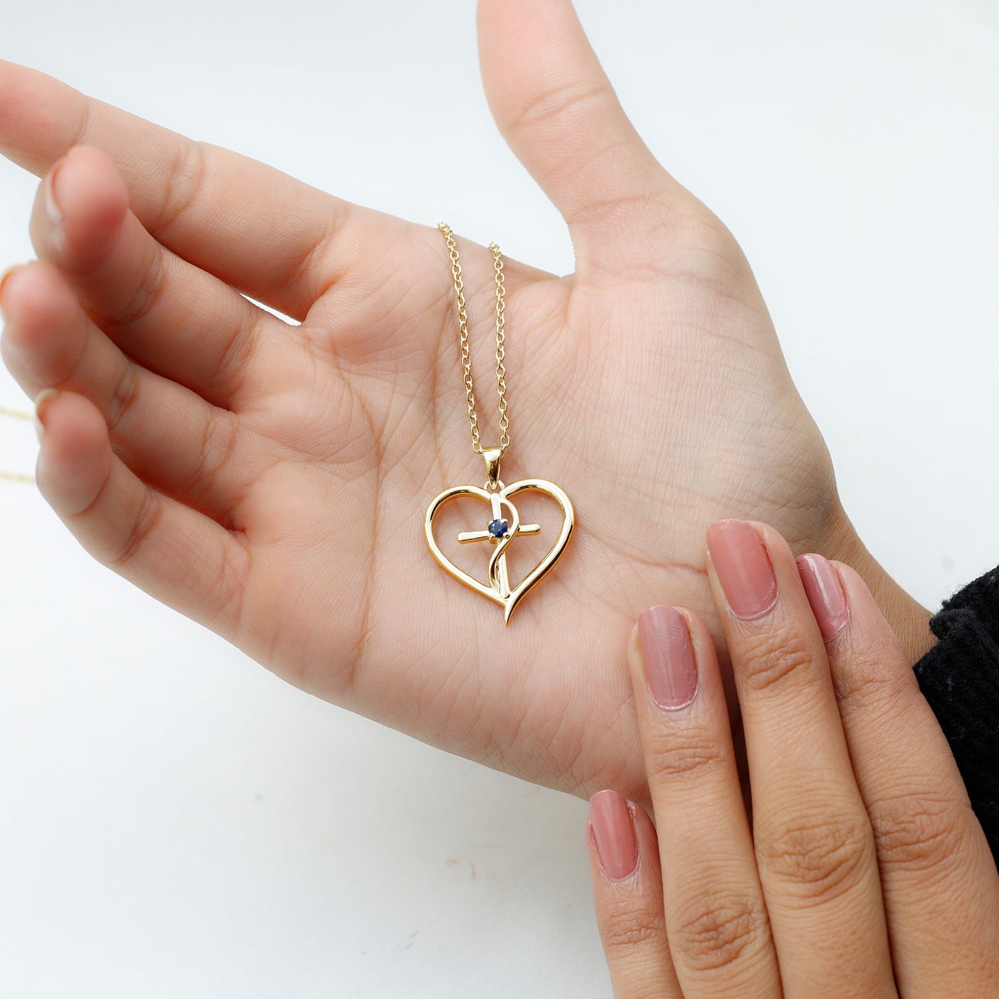 Natural Blue Sapphire Cross Heart Necklace for Women