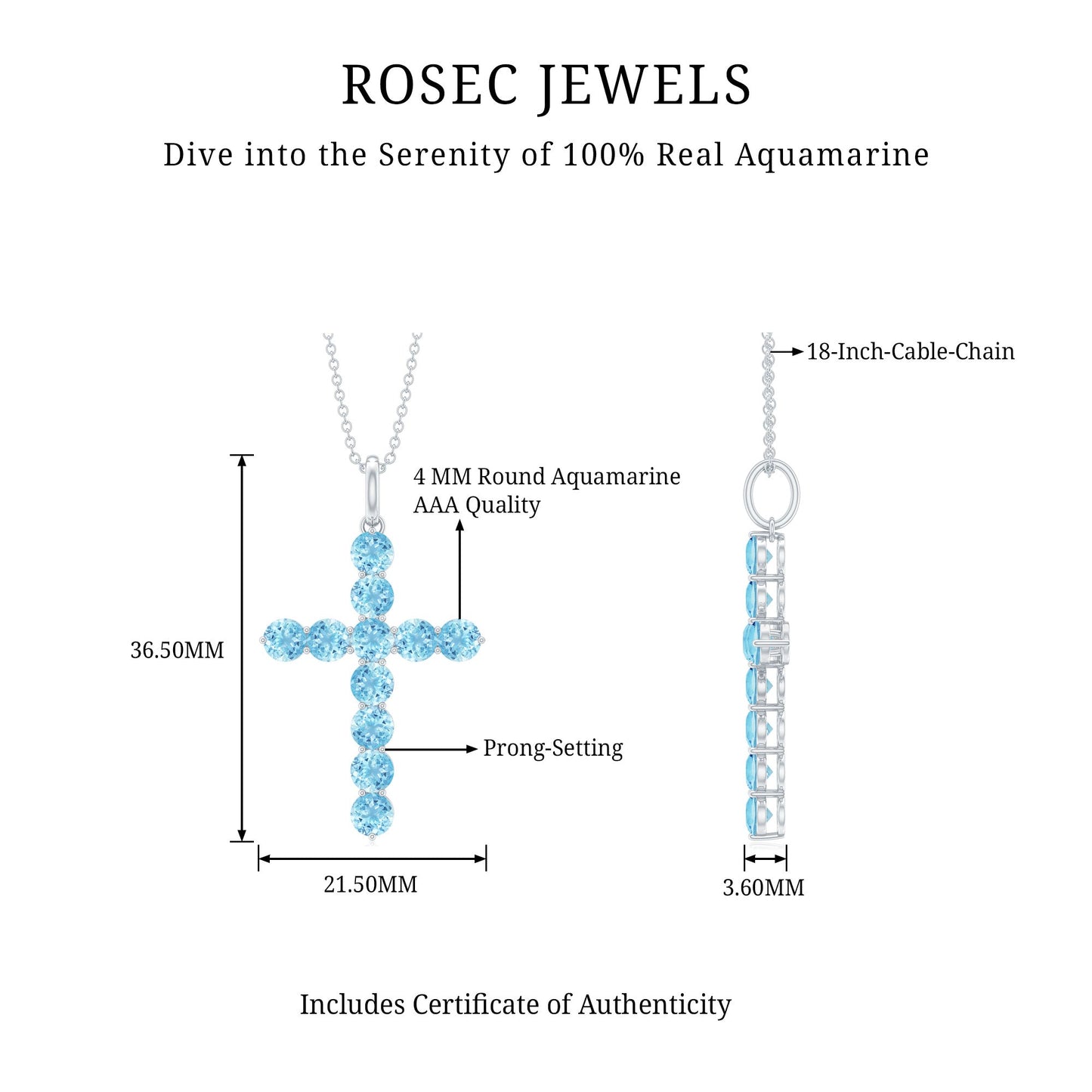 Womens Aquamarine Cross Pendant Necklace with Chain