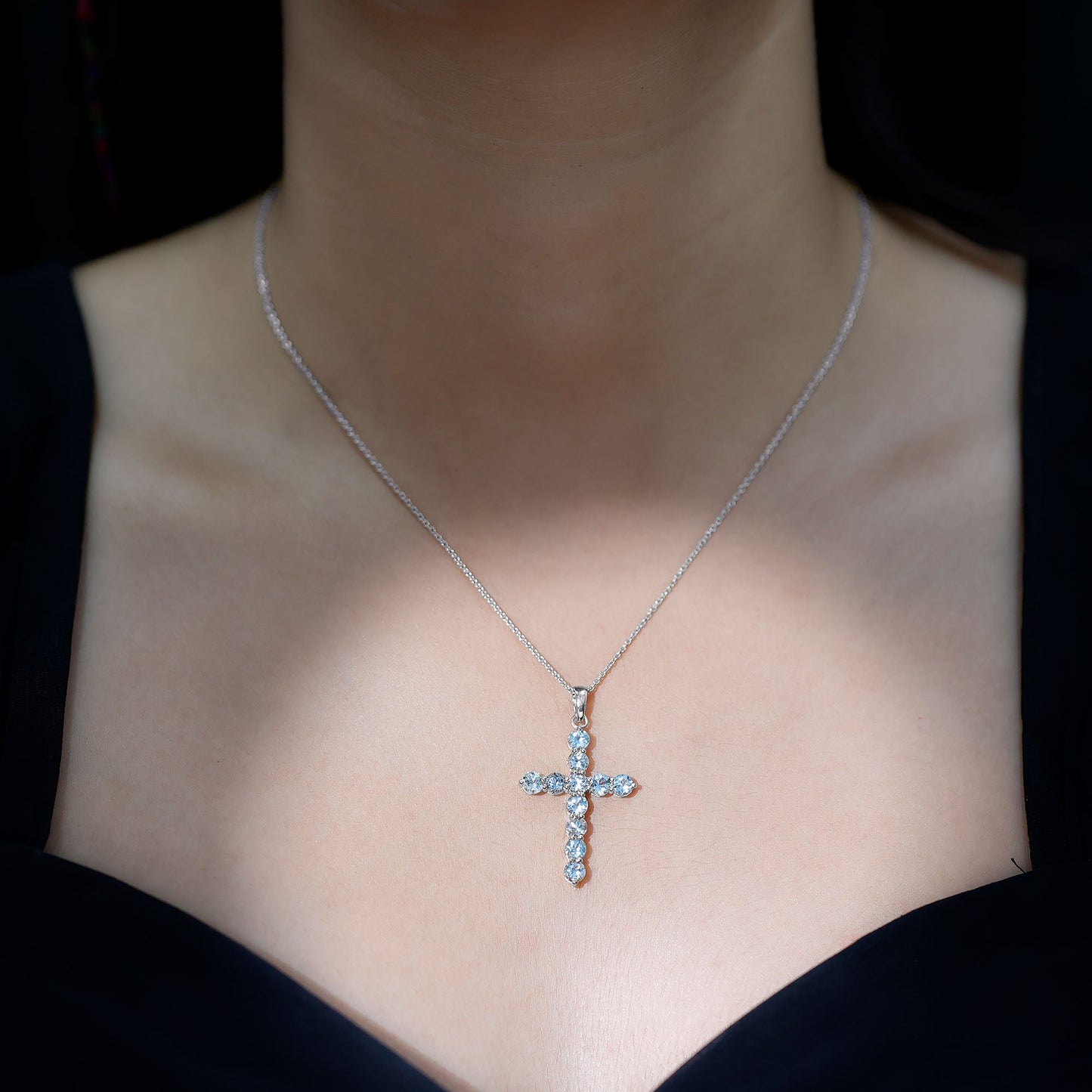 Womens Aquamarine Cross Pendant Necklace with Chain