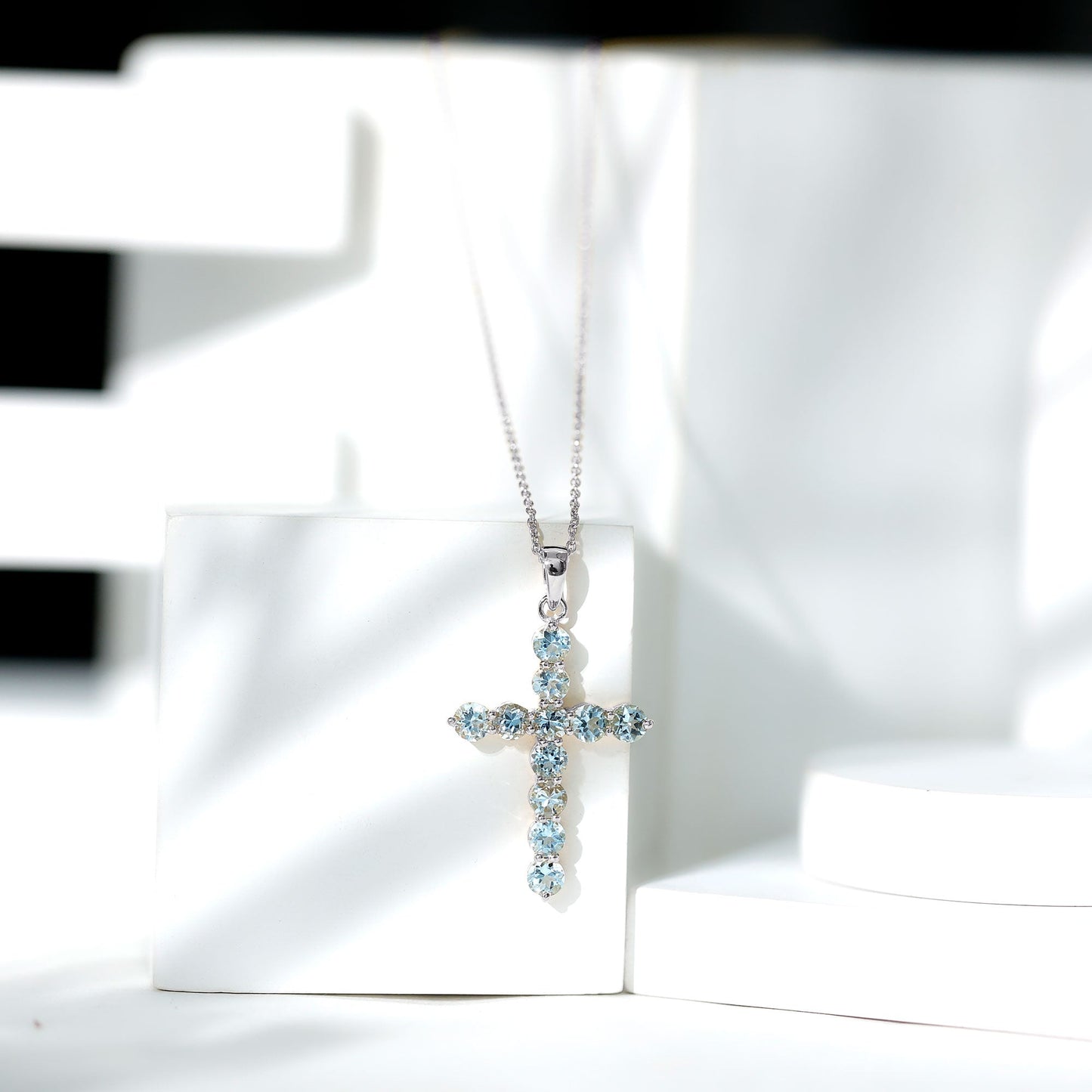 Womens Aquamarine Cross Pendant Necklace with Chain
