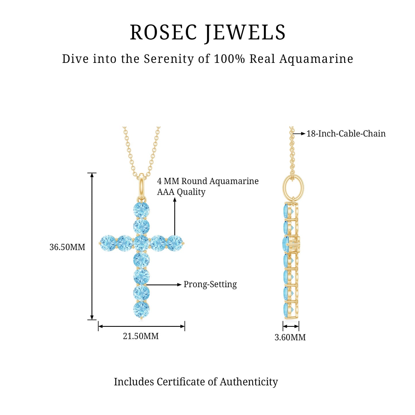 Womens Aquamarine Cross Pendant Necklace with Chain