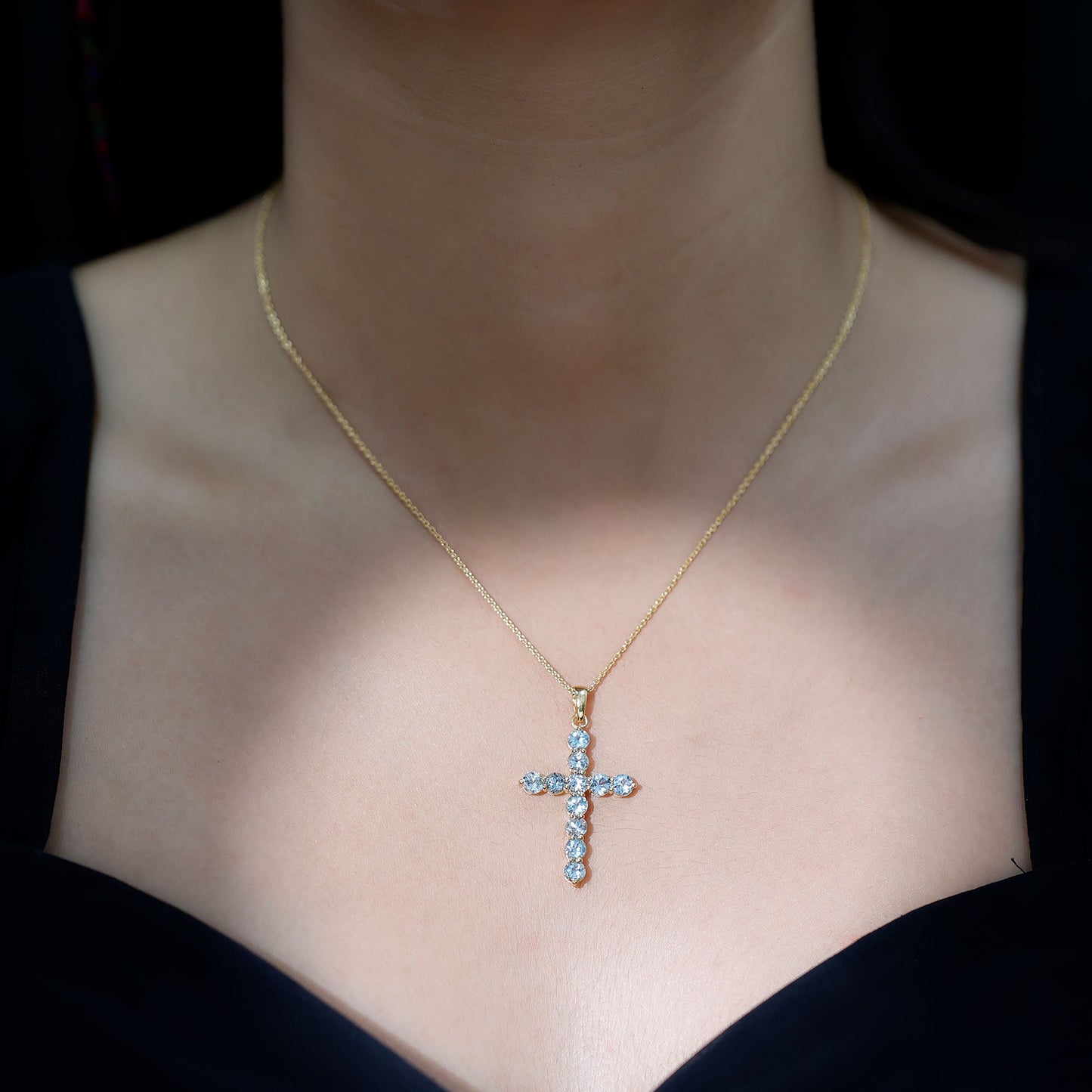 Womens Aquamarine Cross Pendant Necklace with Chain