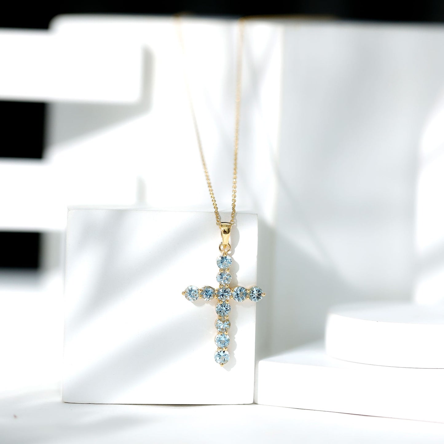 Womens Aquamarine Cross Pendant Necklace with Chain