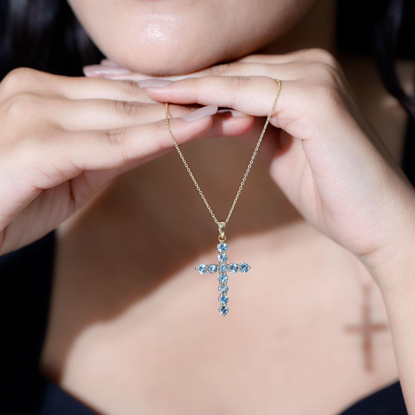 Womens Aquamarine Cross Pendant Necklace with Chain