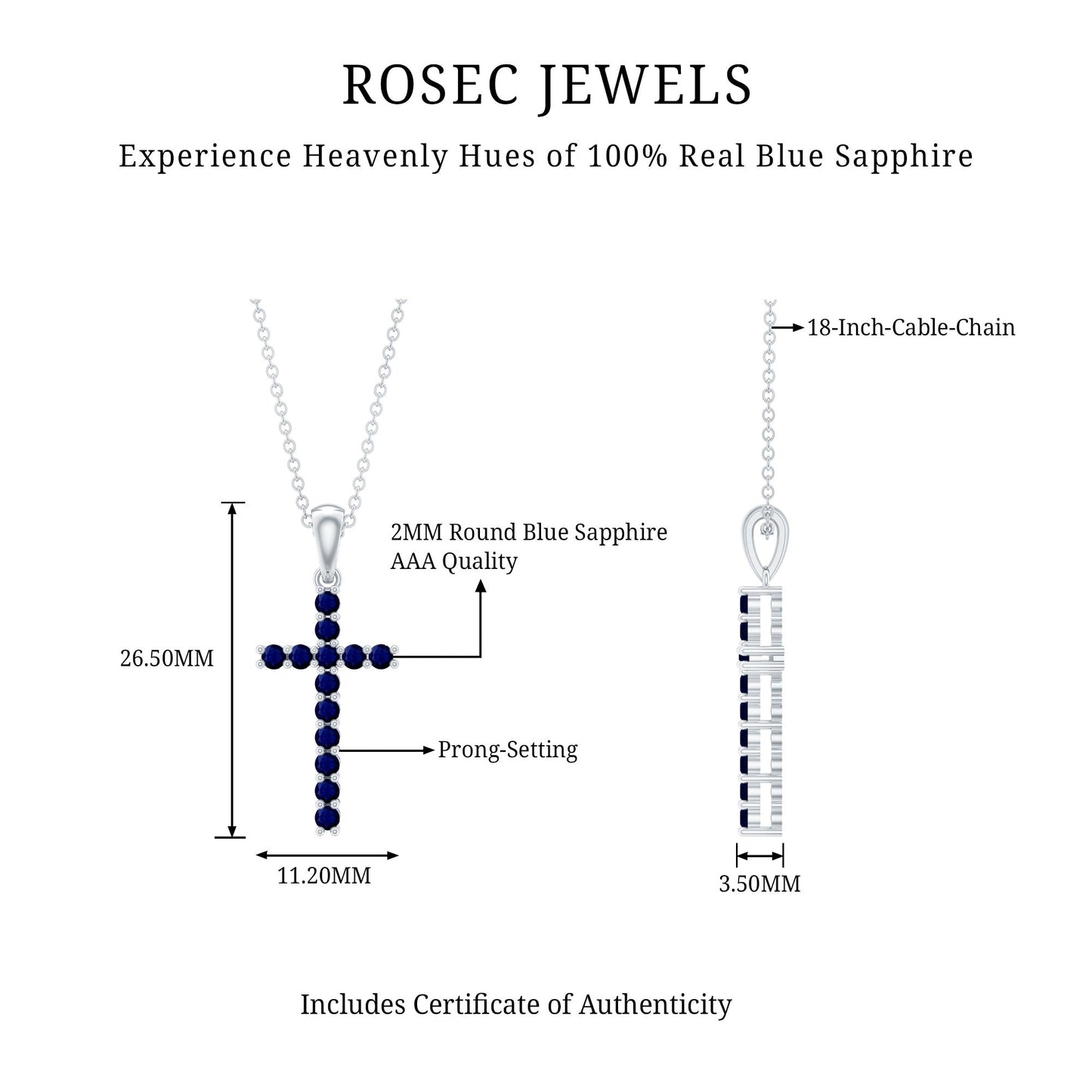 Genuine Blue Sapphire Cross Pendant Necklace with Chain