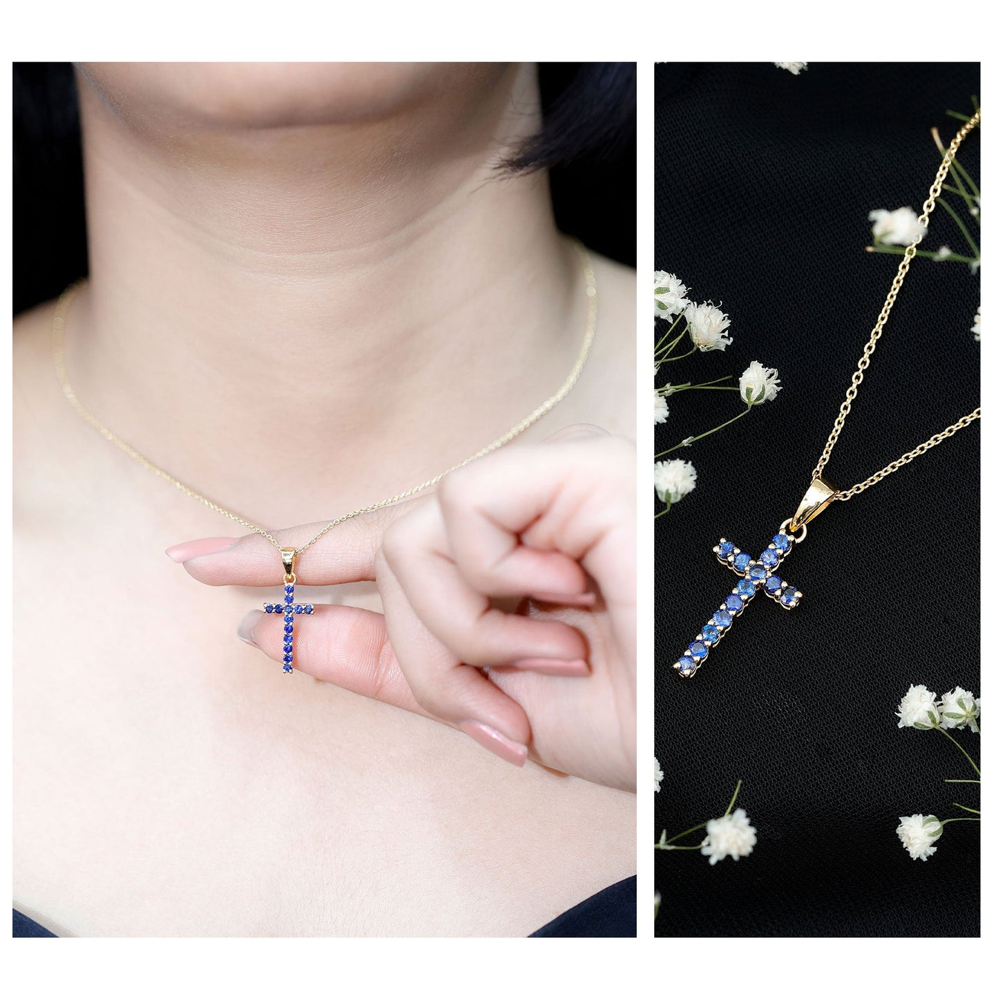 Genuine Blue Sapphire Cross Pendant Necklace with Chain