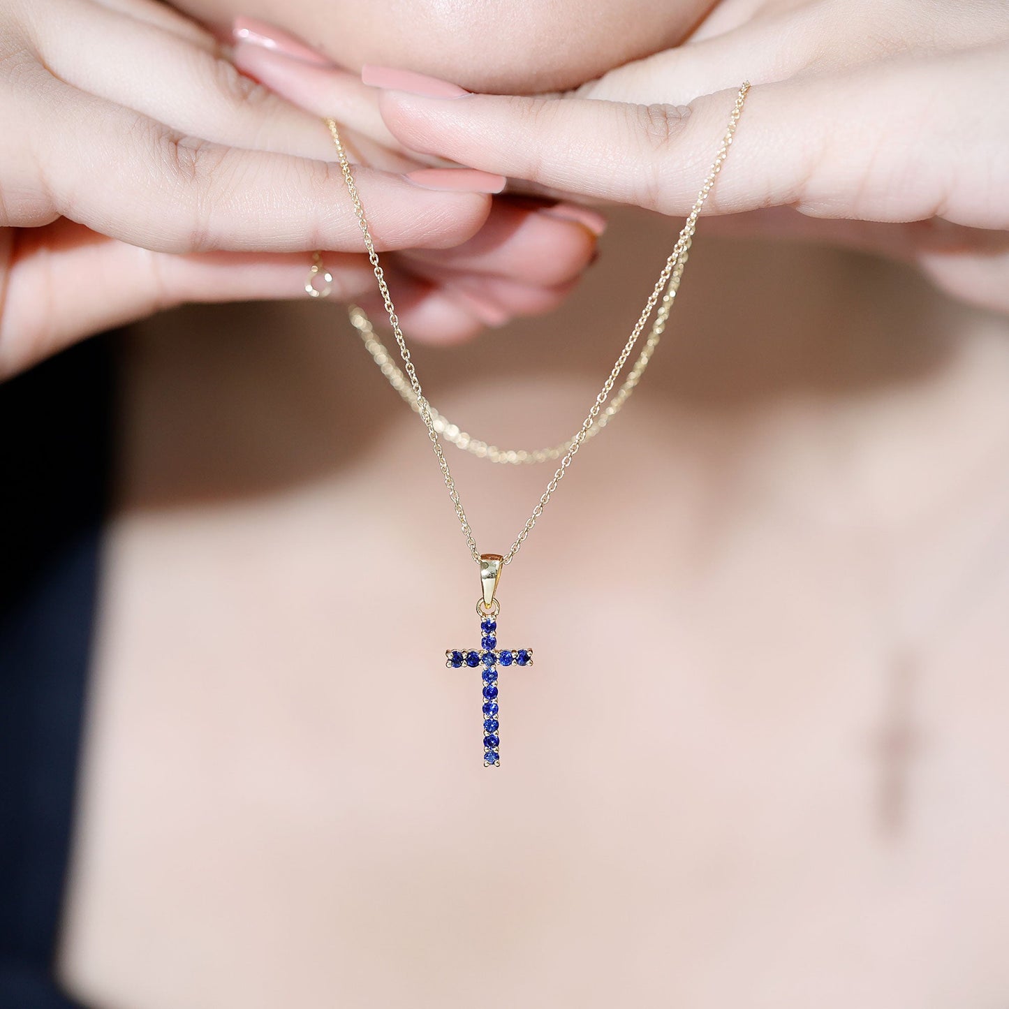 Genuine Blue Sapphire Cross Pendant Necklace with Chain