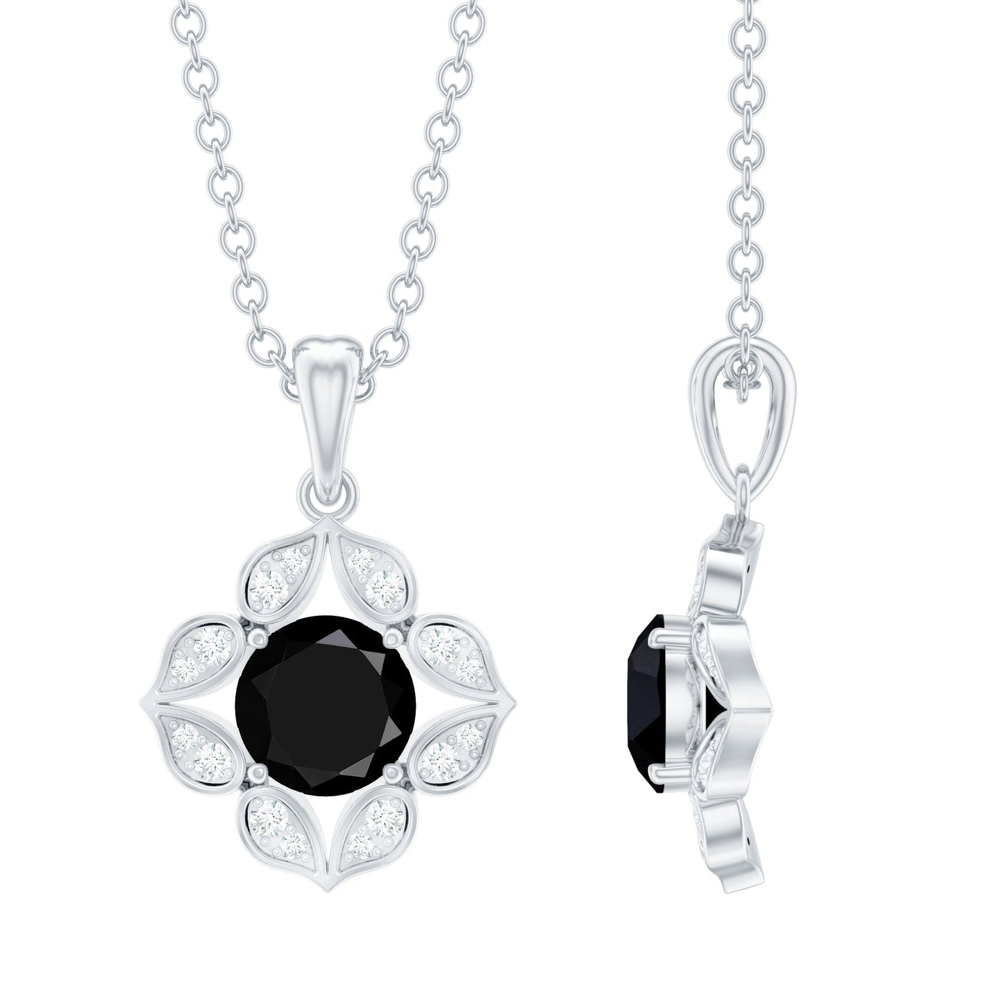 Natural Black Spinel Flower Pendant Necklace with Diamond for Women