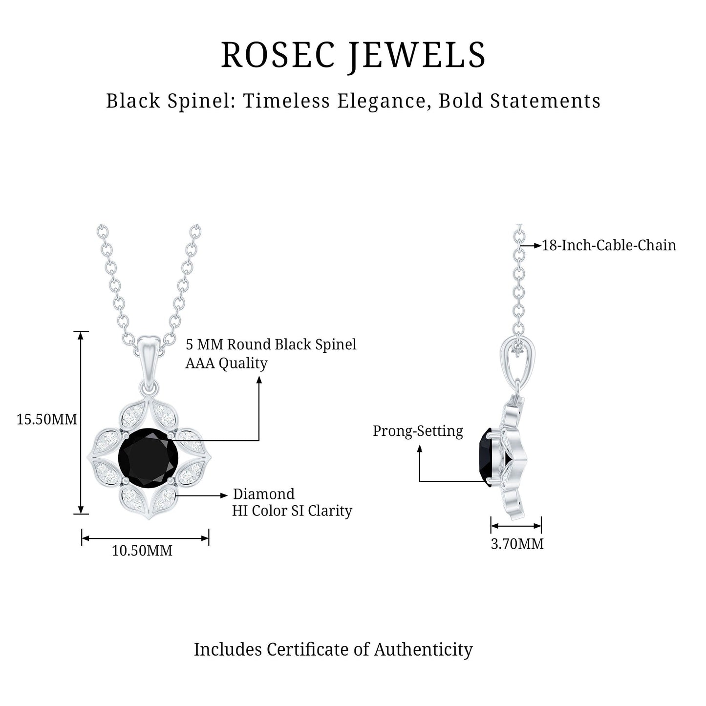 Natural Black Spinel Flower Pendant Necklace with Diamond for Women