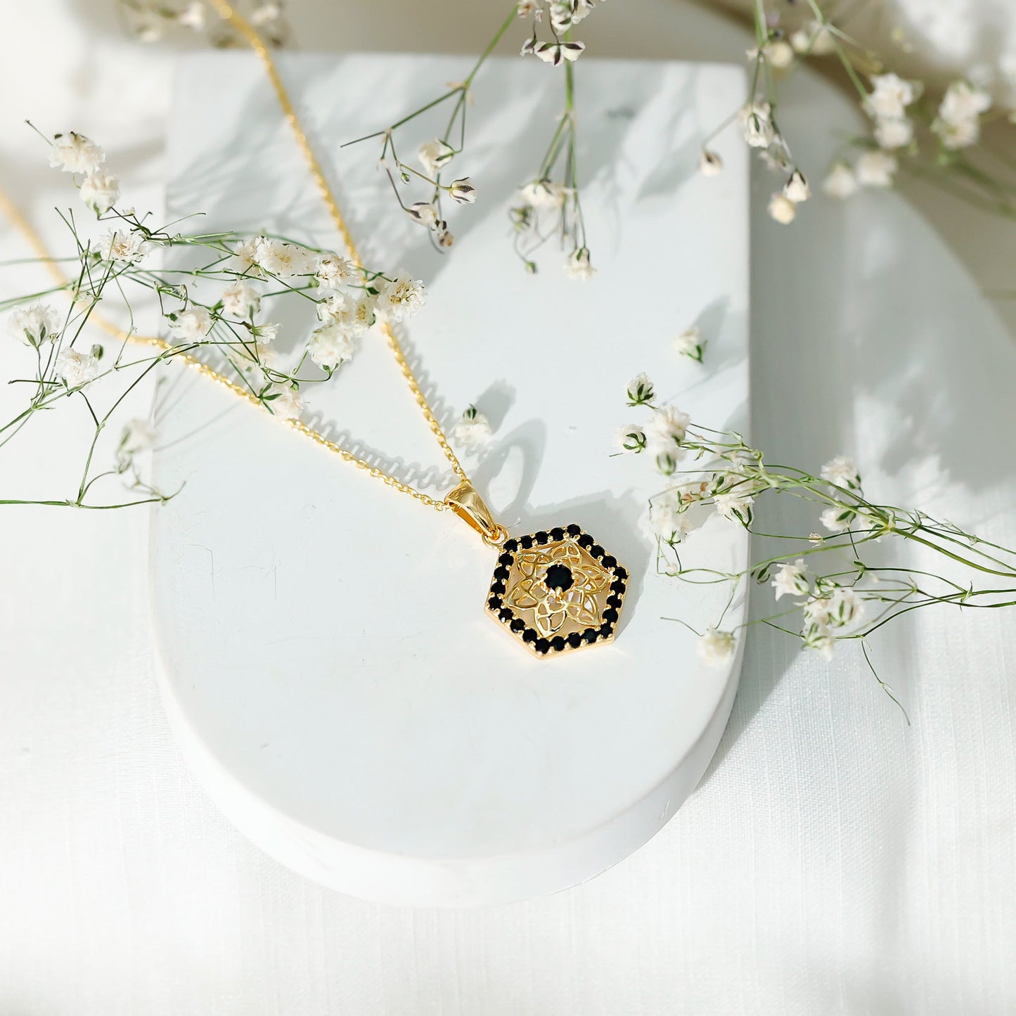 Certified Genuine Black Onyx Flower Necklace for Women