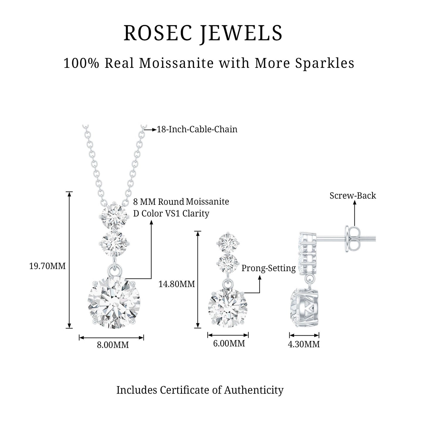 Moissanite 3 Stone Dangle Necklace and Earrings Set
