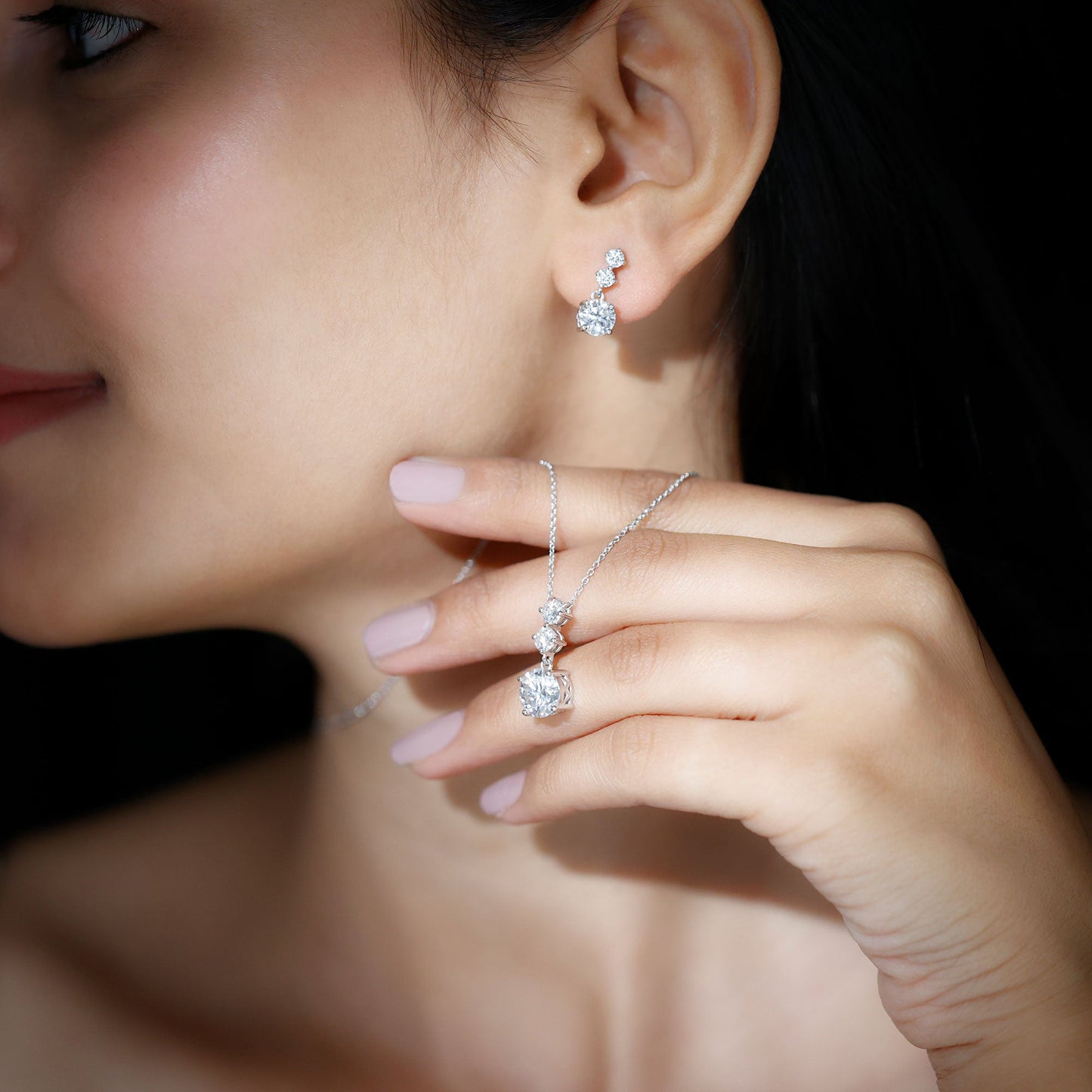 Moissanite 3 Stone Dangle Necklace and Earrings Set