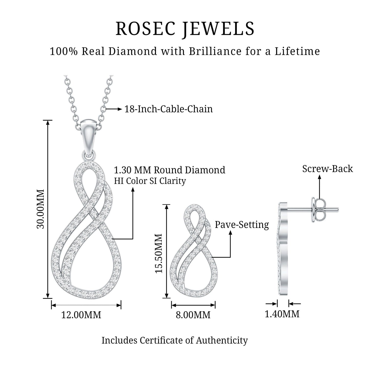 Diamond Infinity Necklace Earrings Set For Women