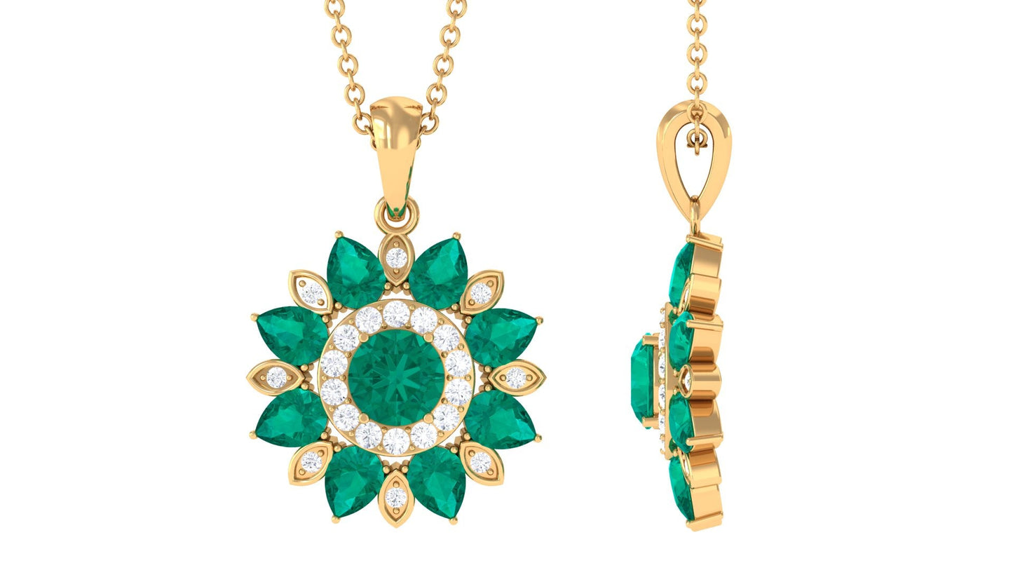 Real Emerald Statement Flower Pendant Necklace with Diamond
