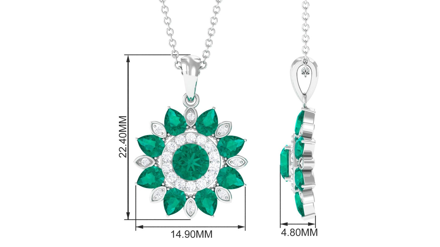 Real Emerald Statement Flower Pendant Necklace with Diamond
