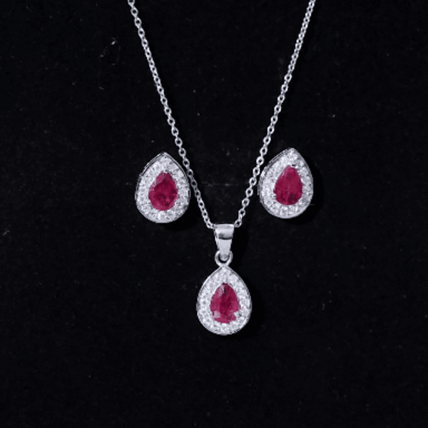 Genuine Pear Cut Ruby and Moissanite Halo Pendant and Earrings Set