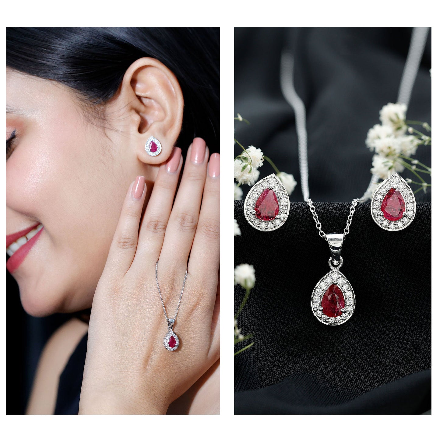 Genuine Pear Cut Ruby and Moissanite Halo Pendant and Earrings Set