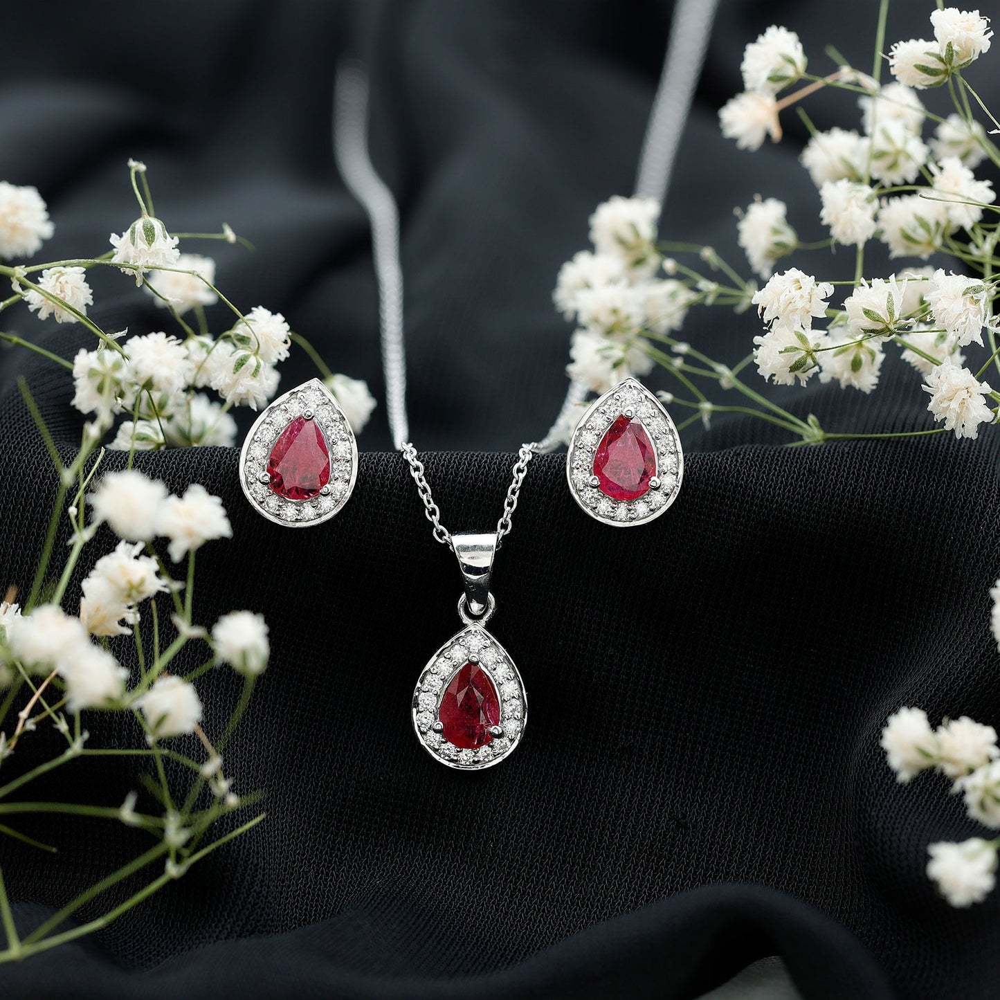 Genuine Pear Cut Ruby and Moissanite Halo Pendant and Earrings Set