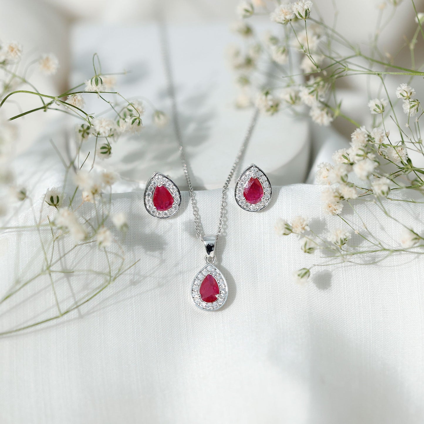 Genuine Pear Cut Ruby and Moissanite Halo Pendant and Earrings Set