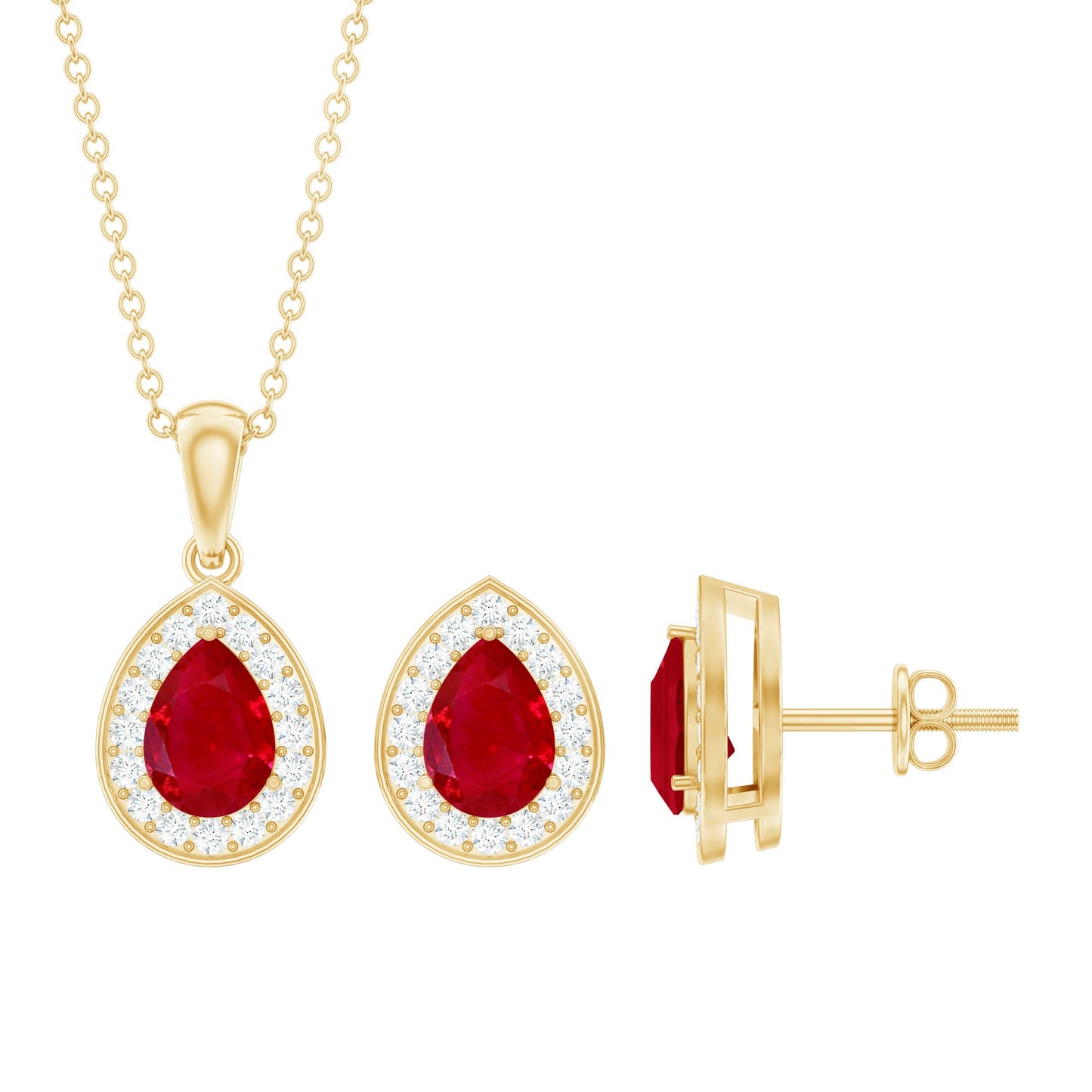 Genuine Pear Cut Ruby and Moissanite Halo Pendant and Earrings Set