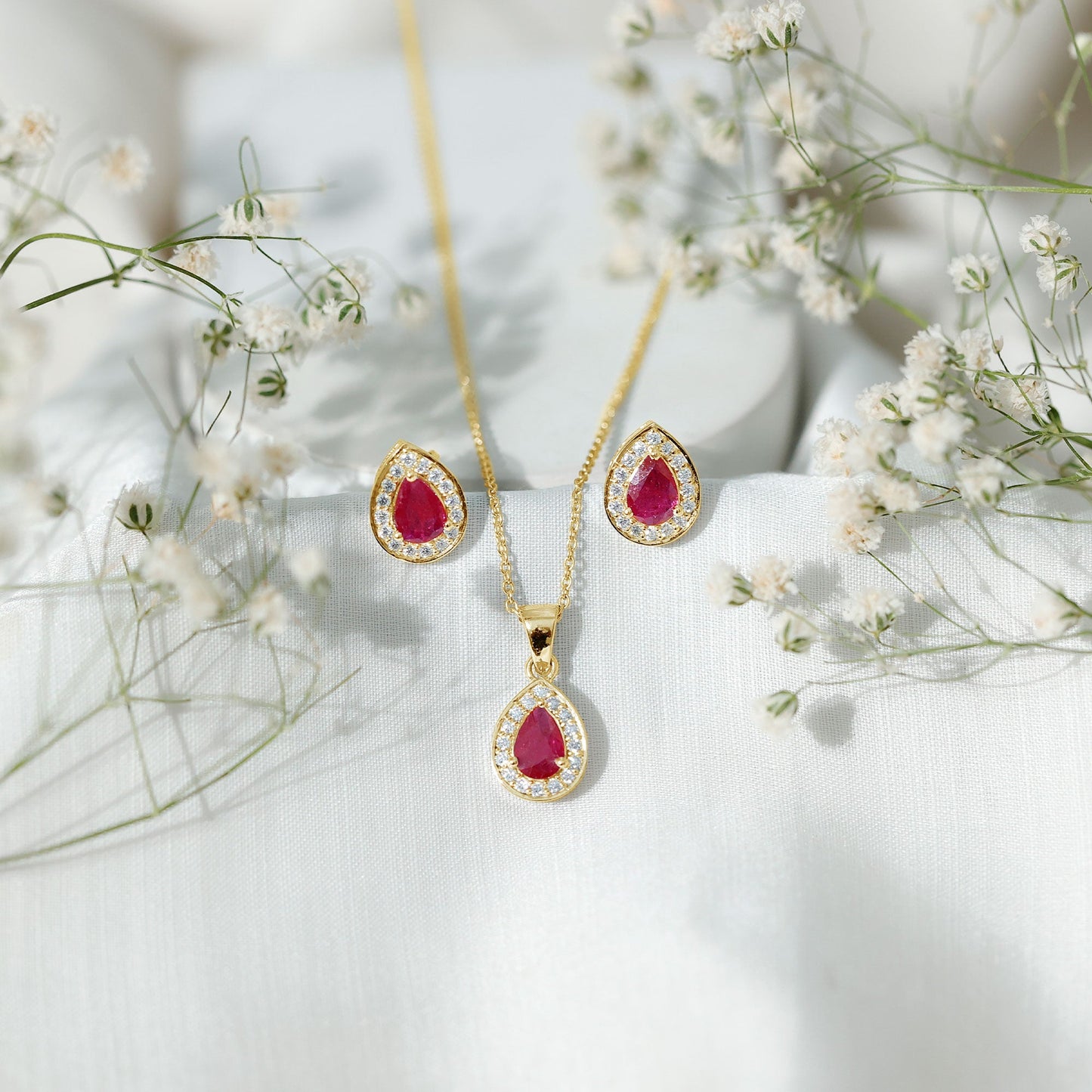 Genuine Pear Cut Ruby and Moissanite Halo Pendant and Earrings Set