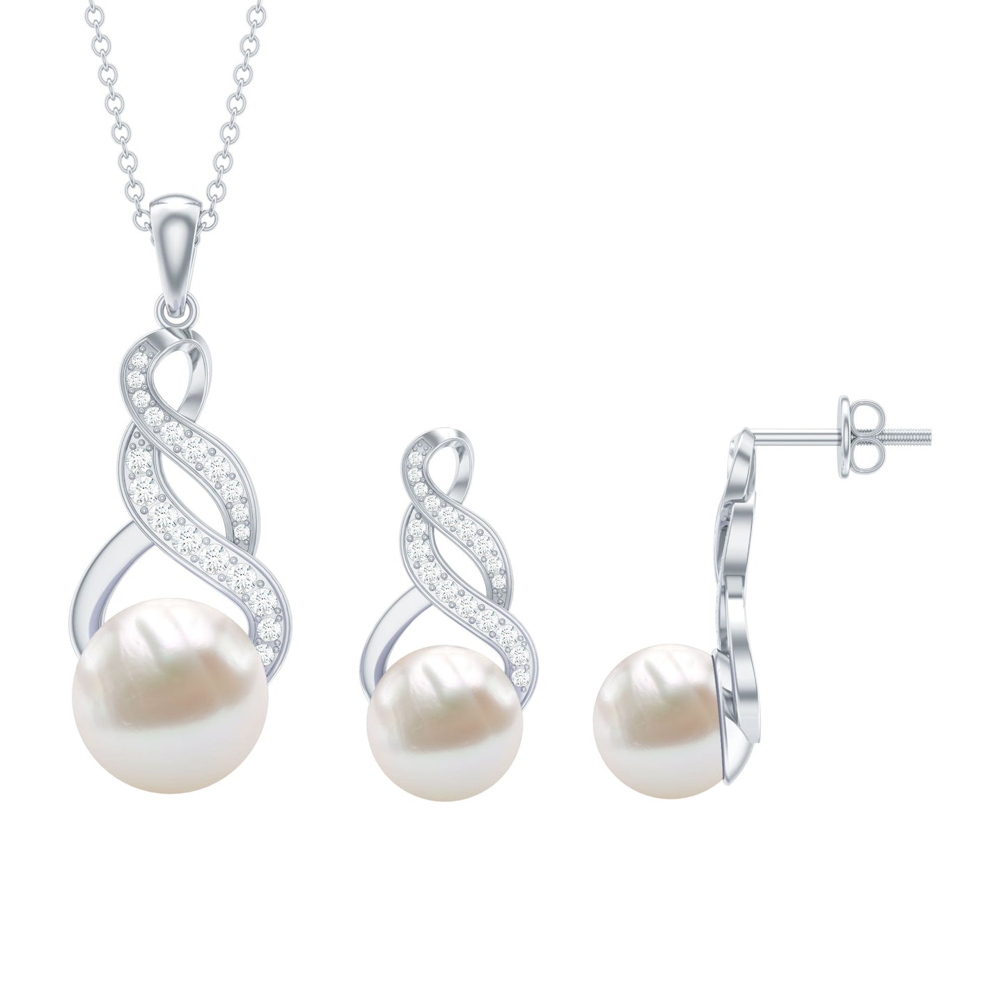 Round Freshwater Pearl and Diamond Bridal Drop Jewelry Set