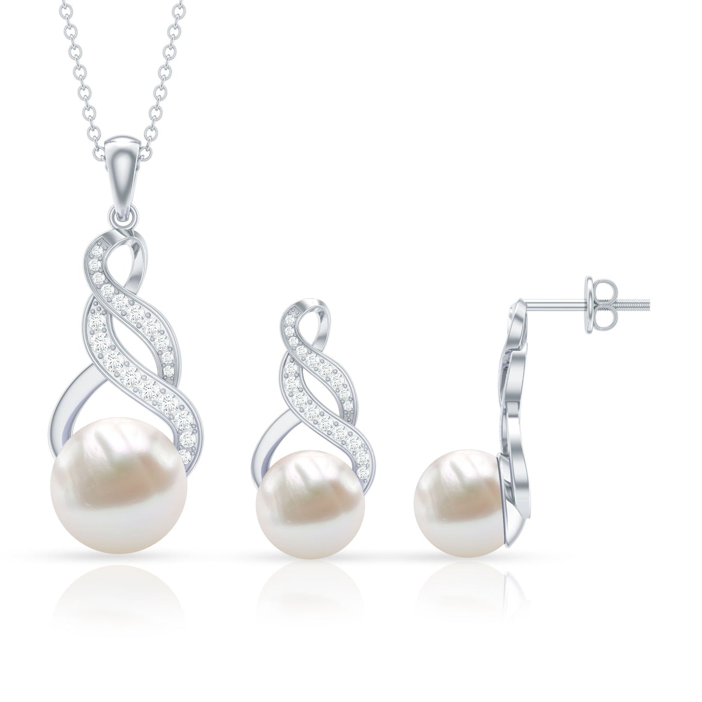 Round Freshwater Pearl and Diamond Bridal Drop Jewelry Set