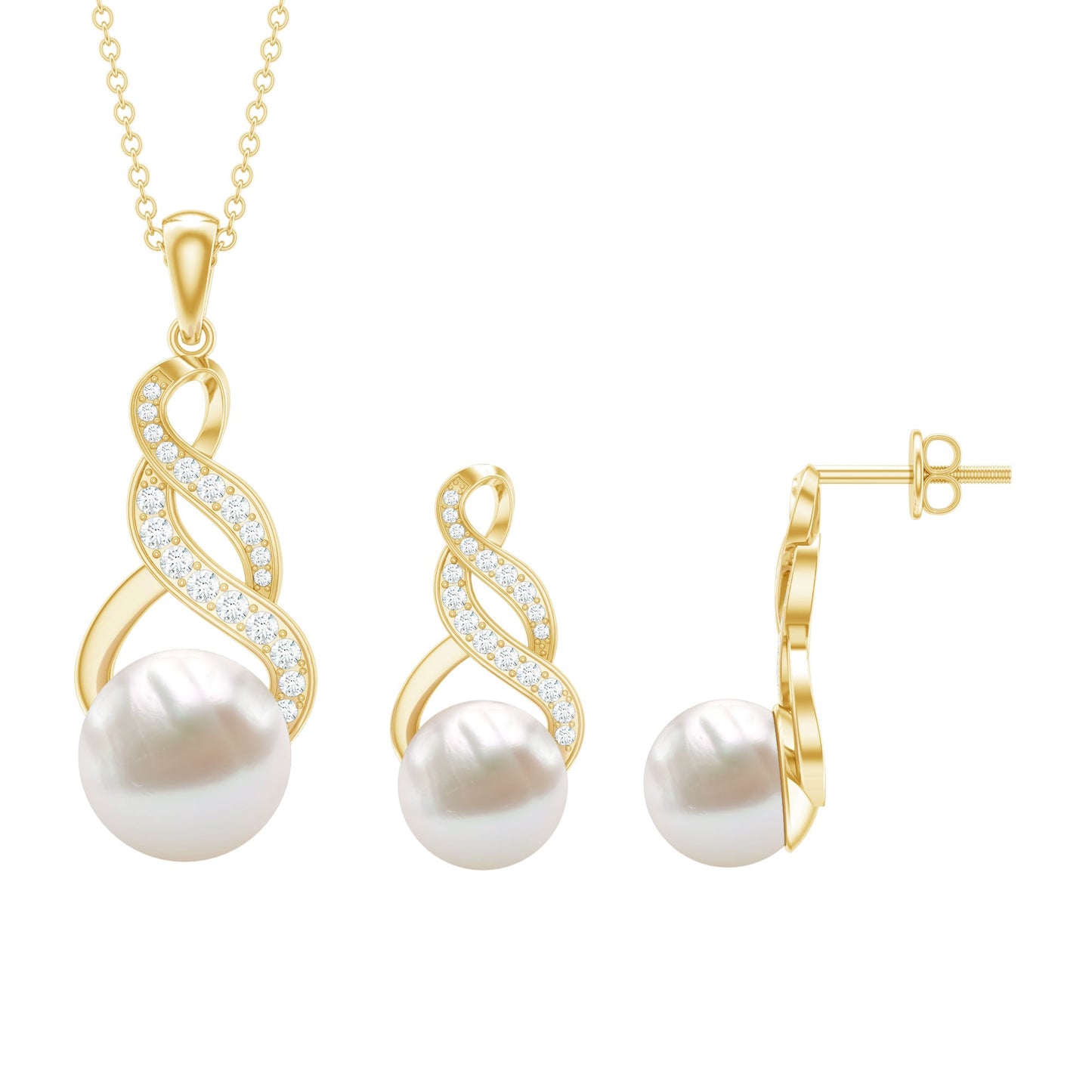 Round Freshwater Pearl and Diamond Bridal Drop Jewelry Set