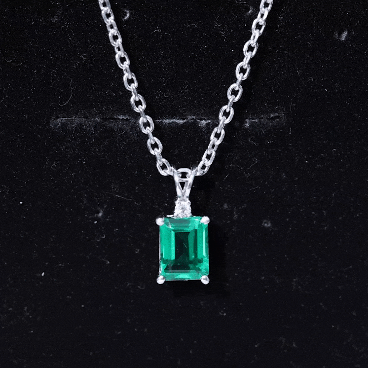 1.6 Carat Emerald Cut Lab Created Emerald Solitaire Necklace with Diamond