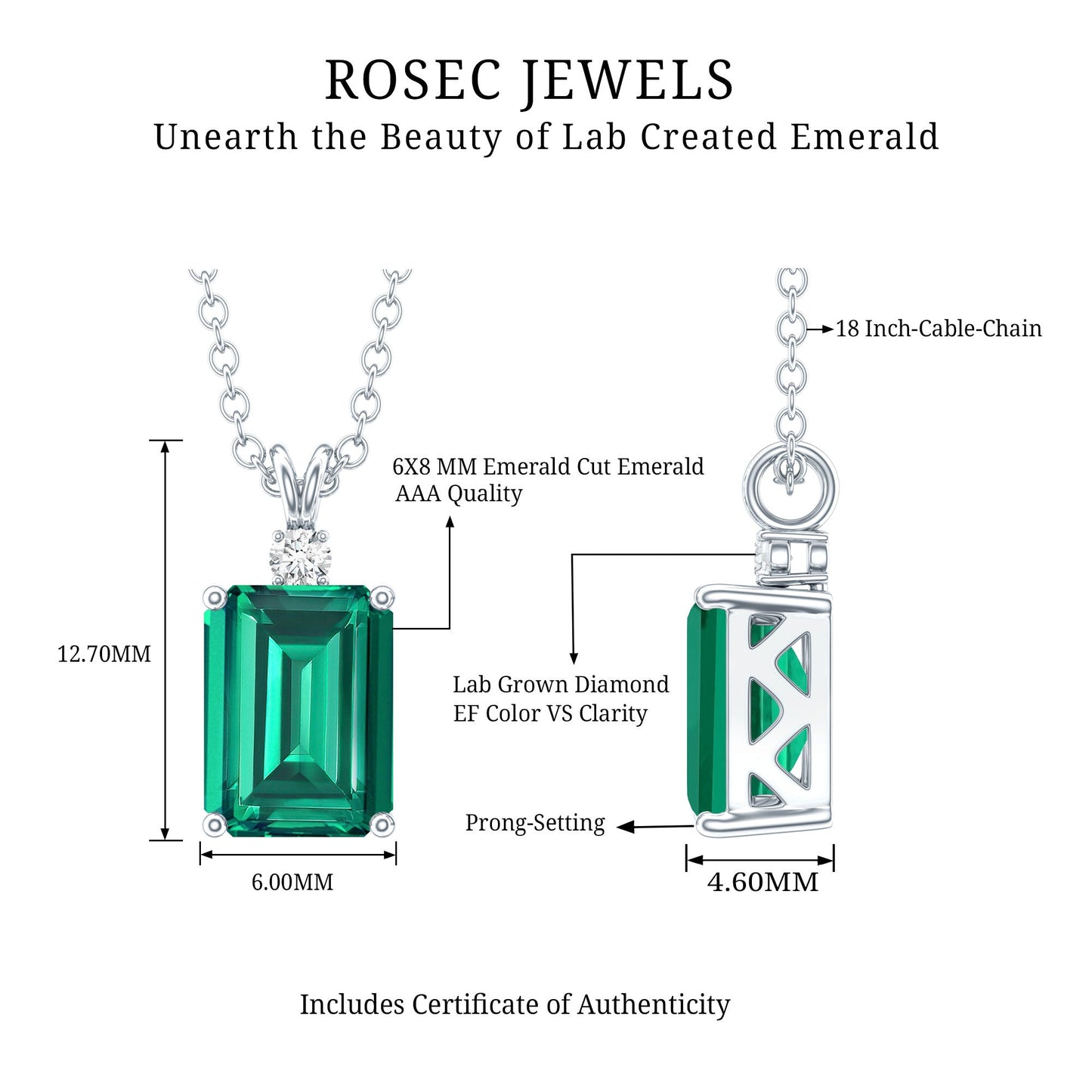 1.6 Carat Emerald Cut Lab Created Emerald Solitaire Necklace with Diamond
