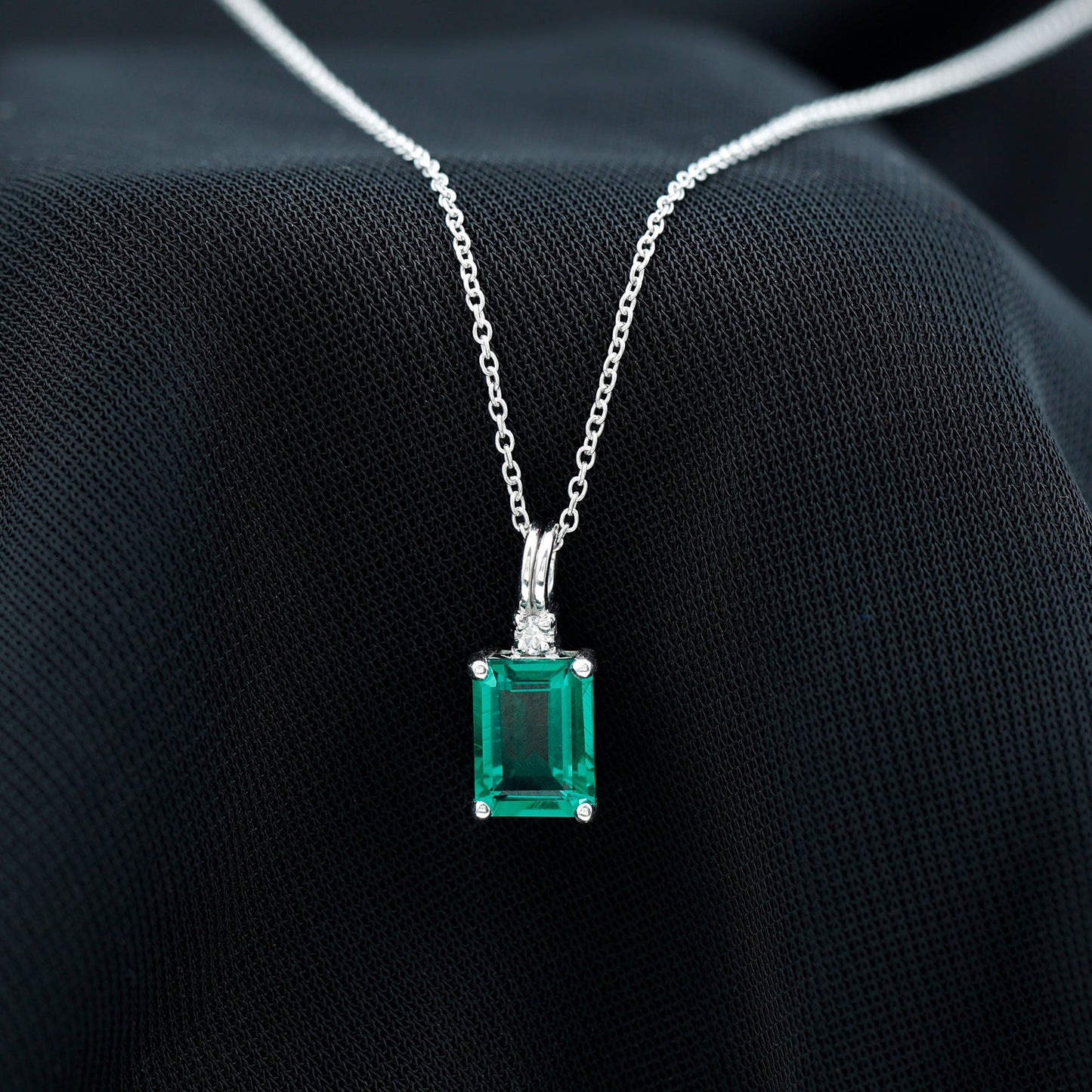 1.6 Carat Emerald Cut Lab Created Emerald Solitaire Necklace with Diamond