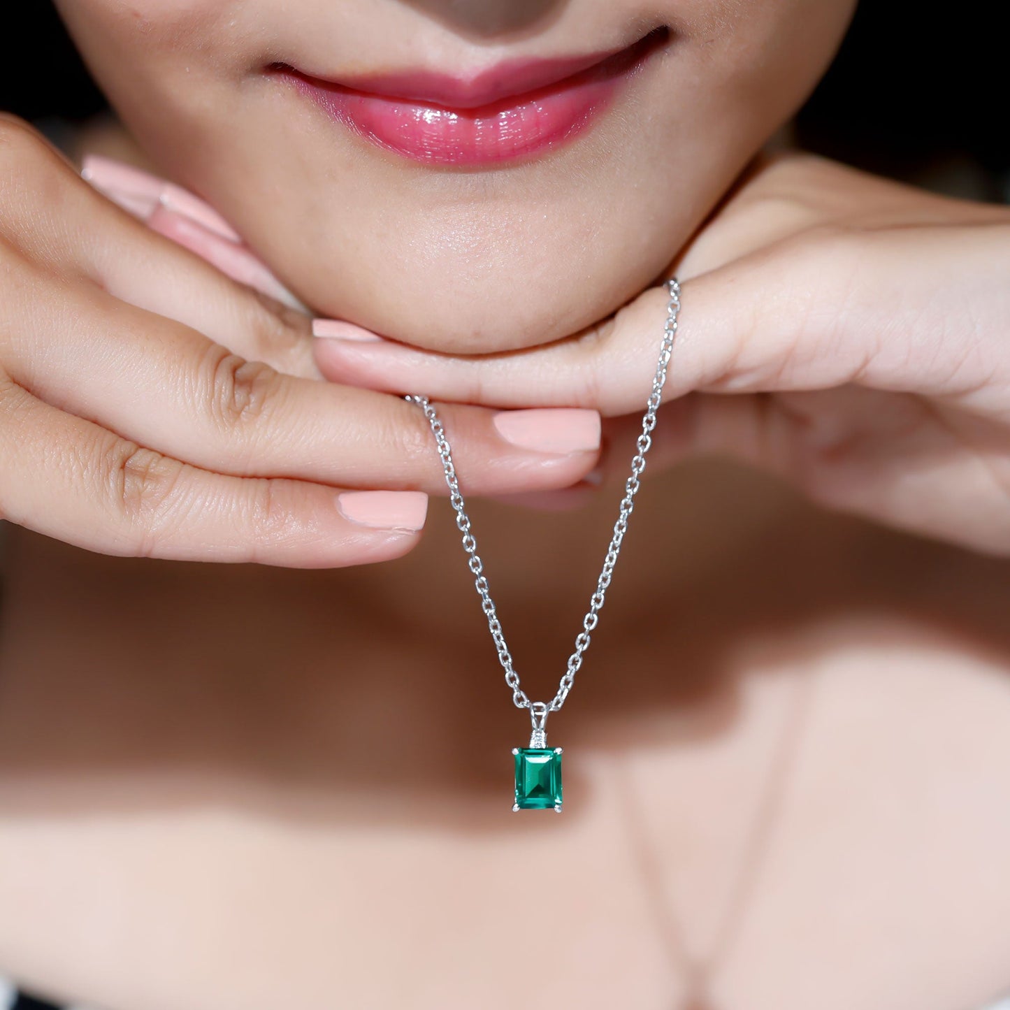 1.6 Carat Emerald Cut Lab Created Emerald Solitaire Necklace with Diamond