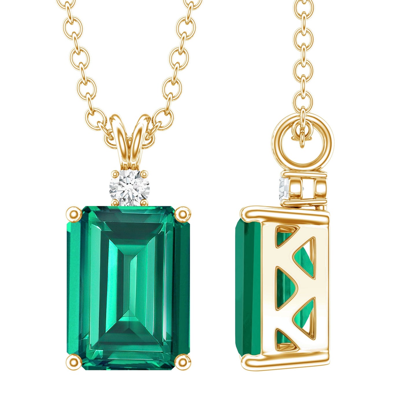 1.6 Carat Emerald Cut Lab Created Emerald Solitaire Necklace with Diamond