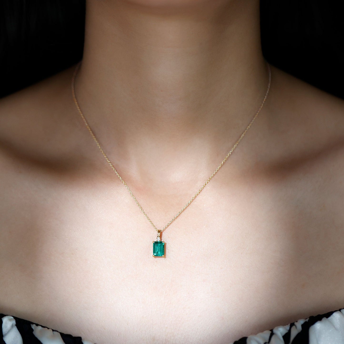 1.6 Carat Emerald Cut Lab Created Emerald Solitaire Necklace with Diamond
