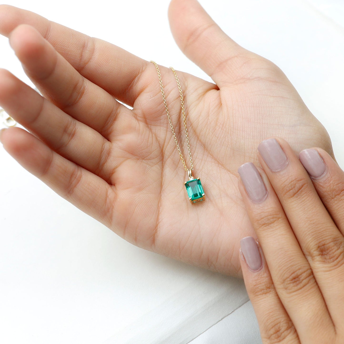 1.6 Carat Emerald Cut Lab Created Emerald Solitaire Necklace with Diamond