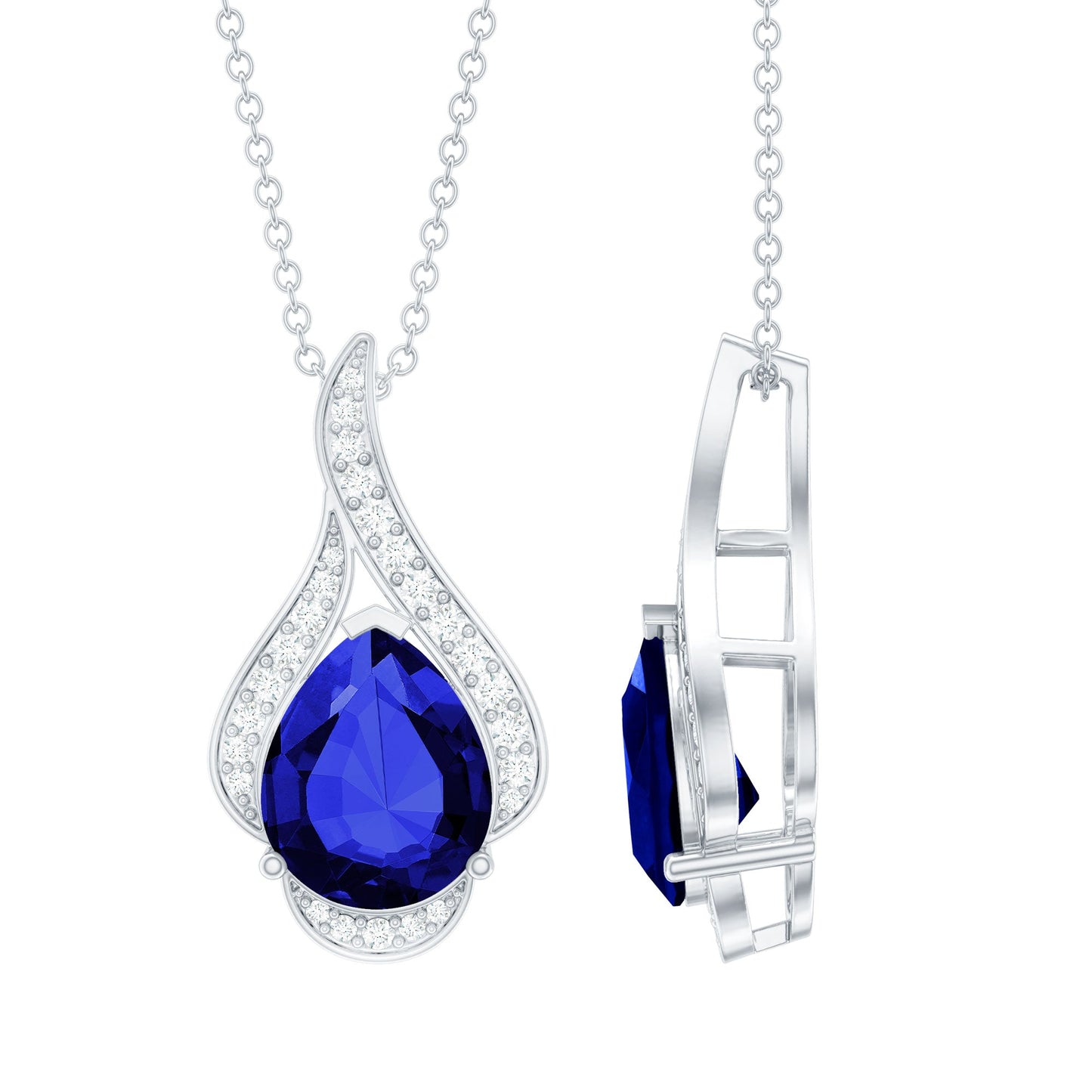 Classic Lab Grown Blue Sapphire Pendant Necklace With Diamond