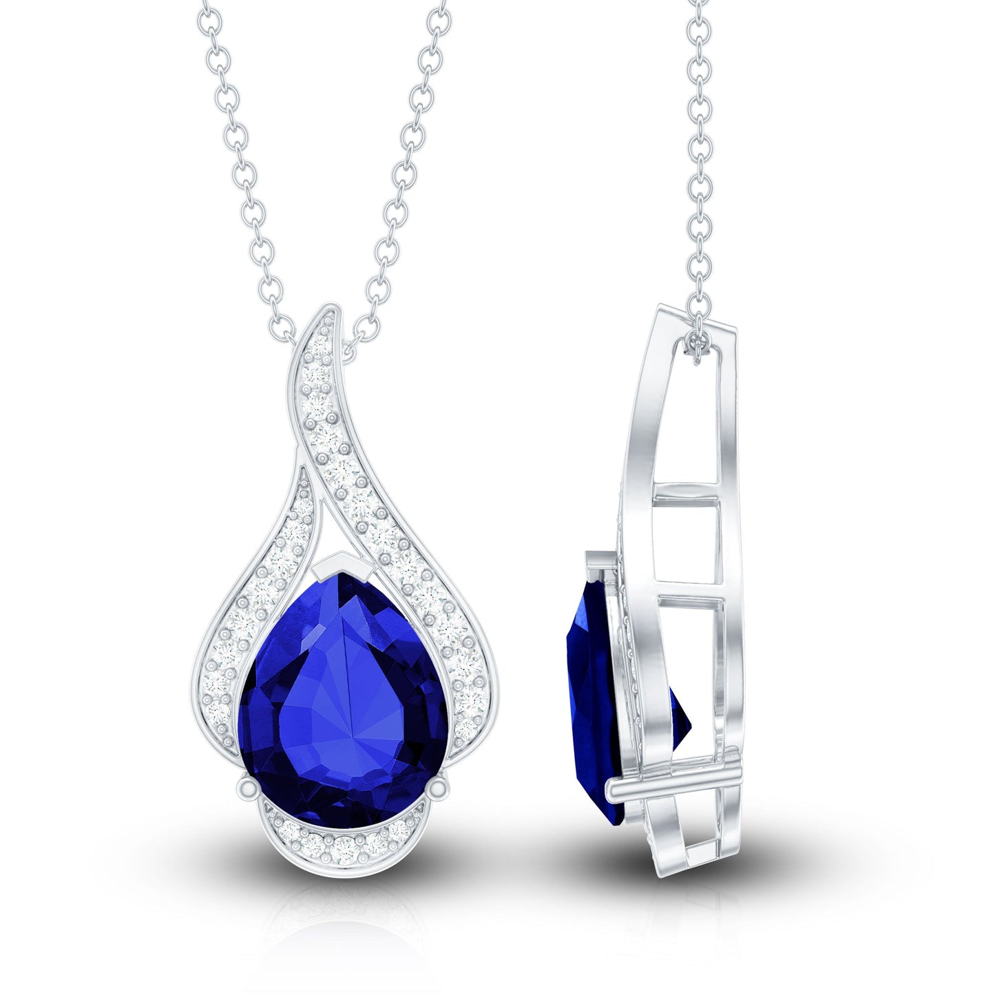 Classic Lab Grown Blue Sapphire Pendant Necklace With Diamond