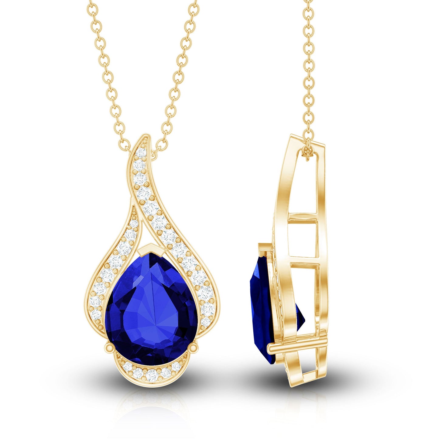 Classic Lab Grown Blue Sapphire Pendant Necklace With Diamond