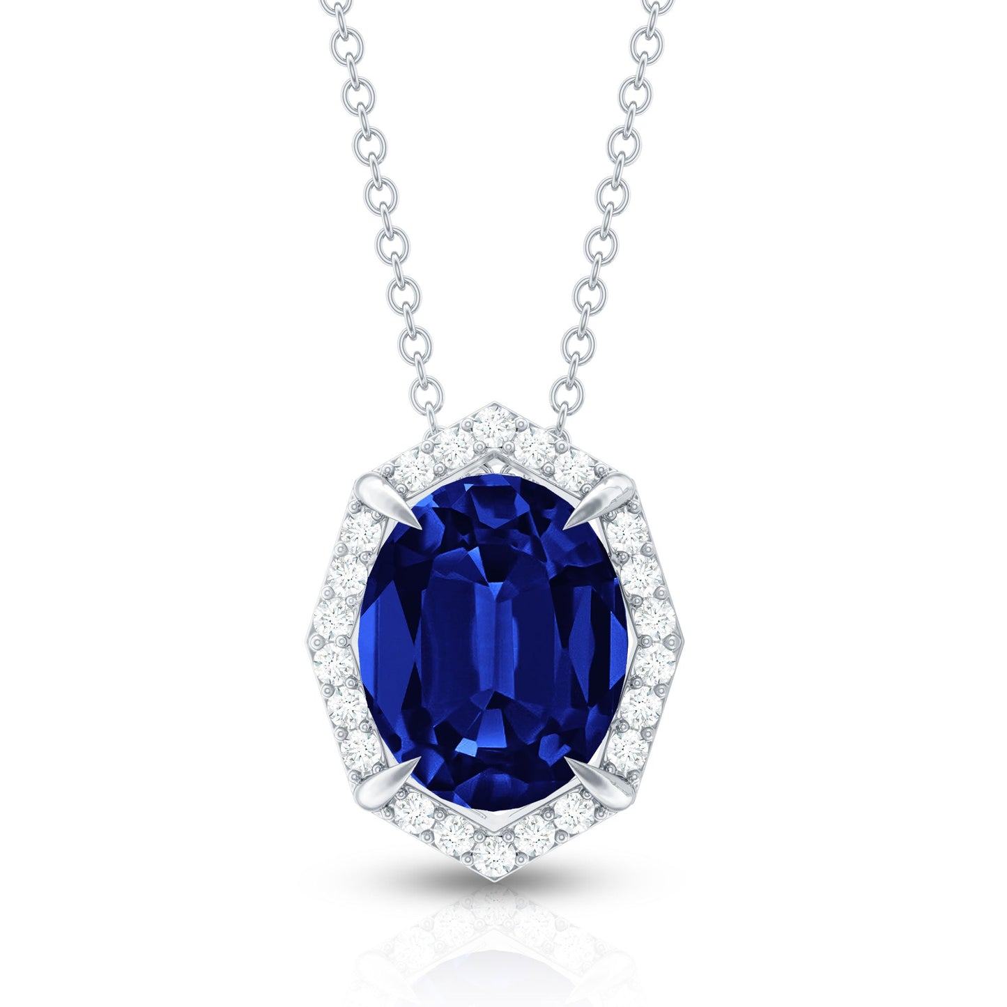 Lab Grown Blue Sapphire Art Deco Pendant Necklace with Diamond Halo