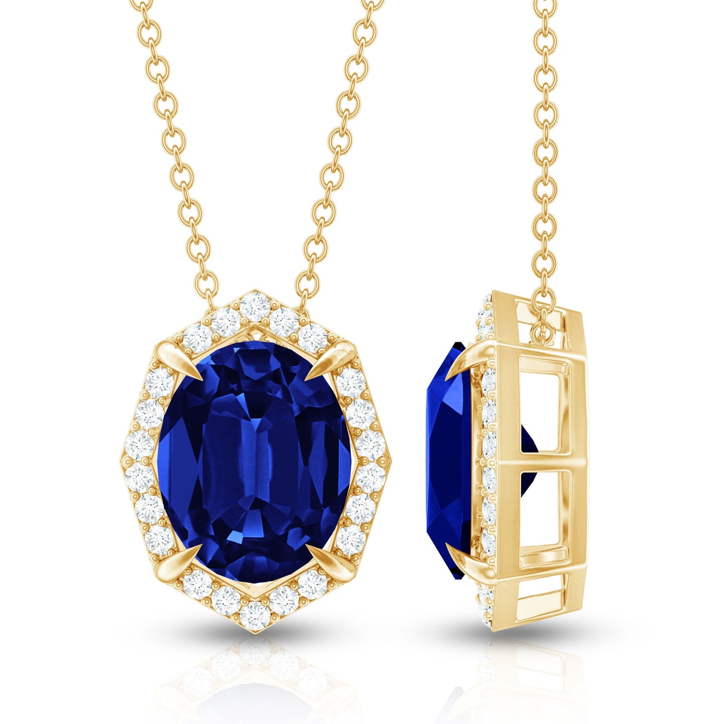 Lab Grown Blue Sapphire Art Deco Pendant Necklace with Diamond Halo