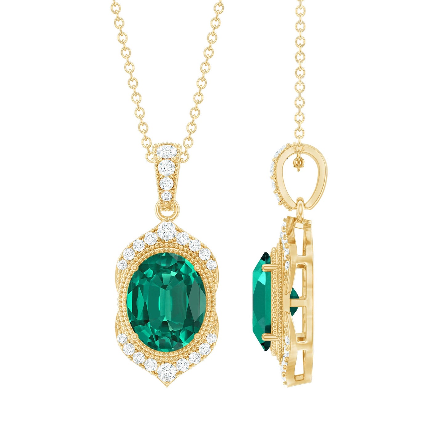 Certified Lab Grown Emerald Vintage Inspired Necklace With Diamond