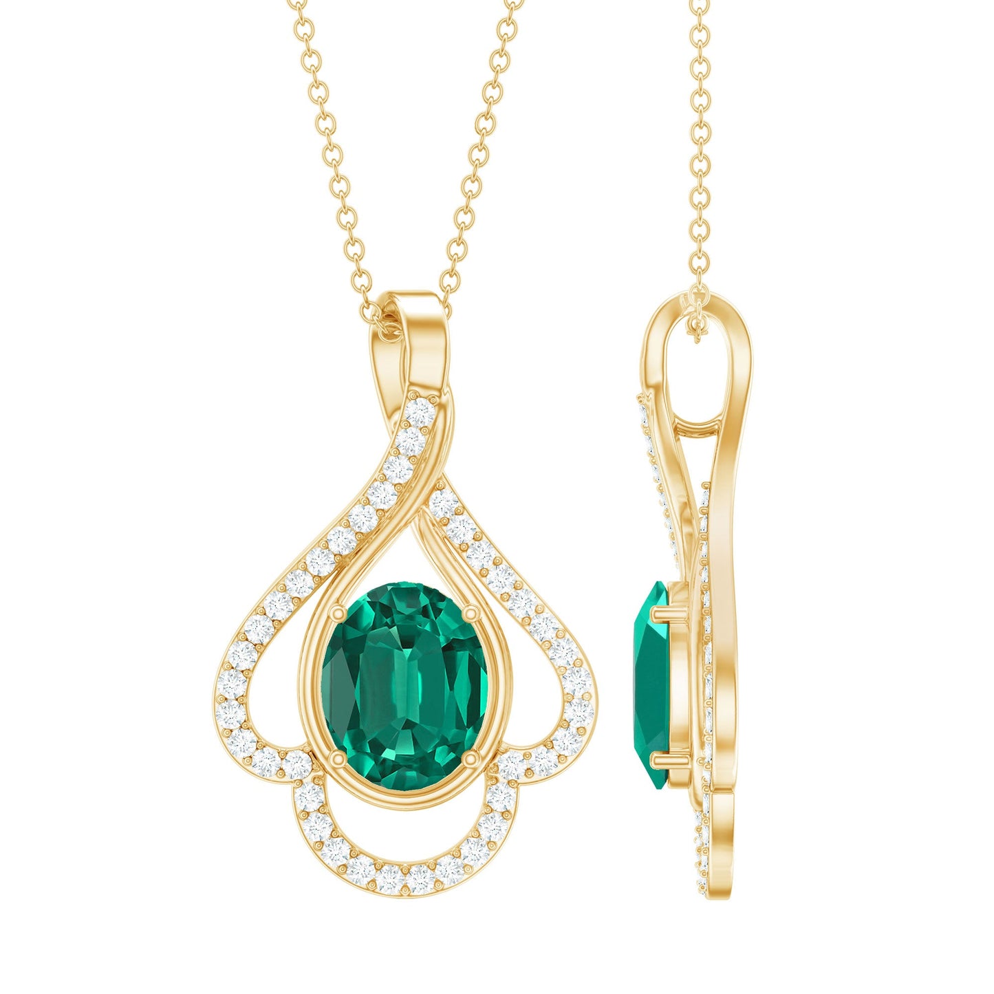 Lab Grown Emerald Oval Pendant Necklace with Diamonds
