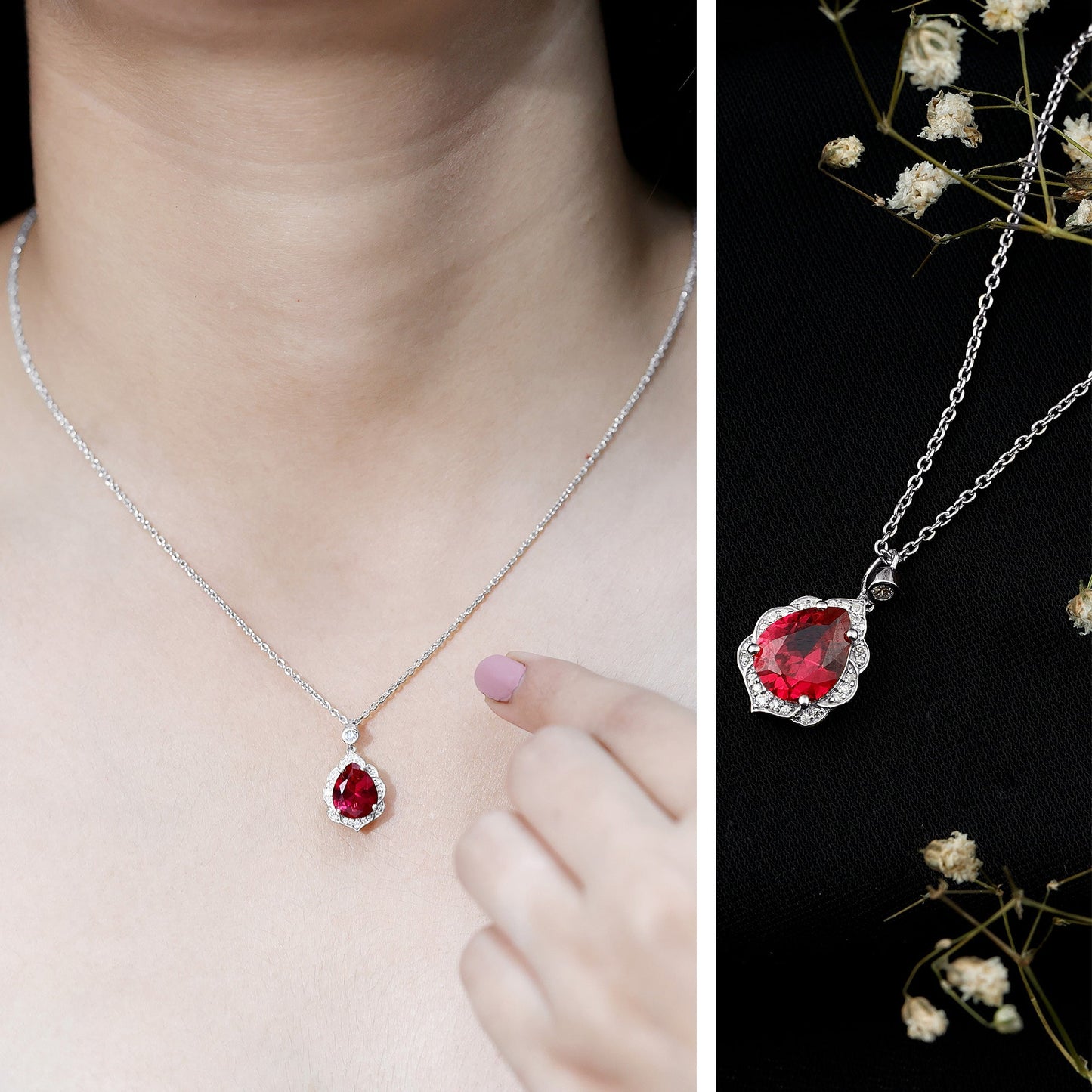 Certified Lab Grown Ruby Vintage Inspired Necklace with Diamond Halo